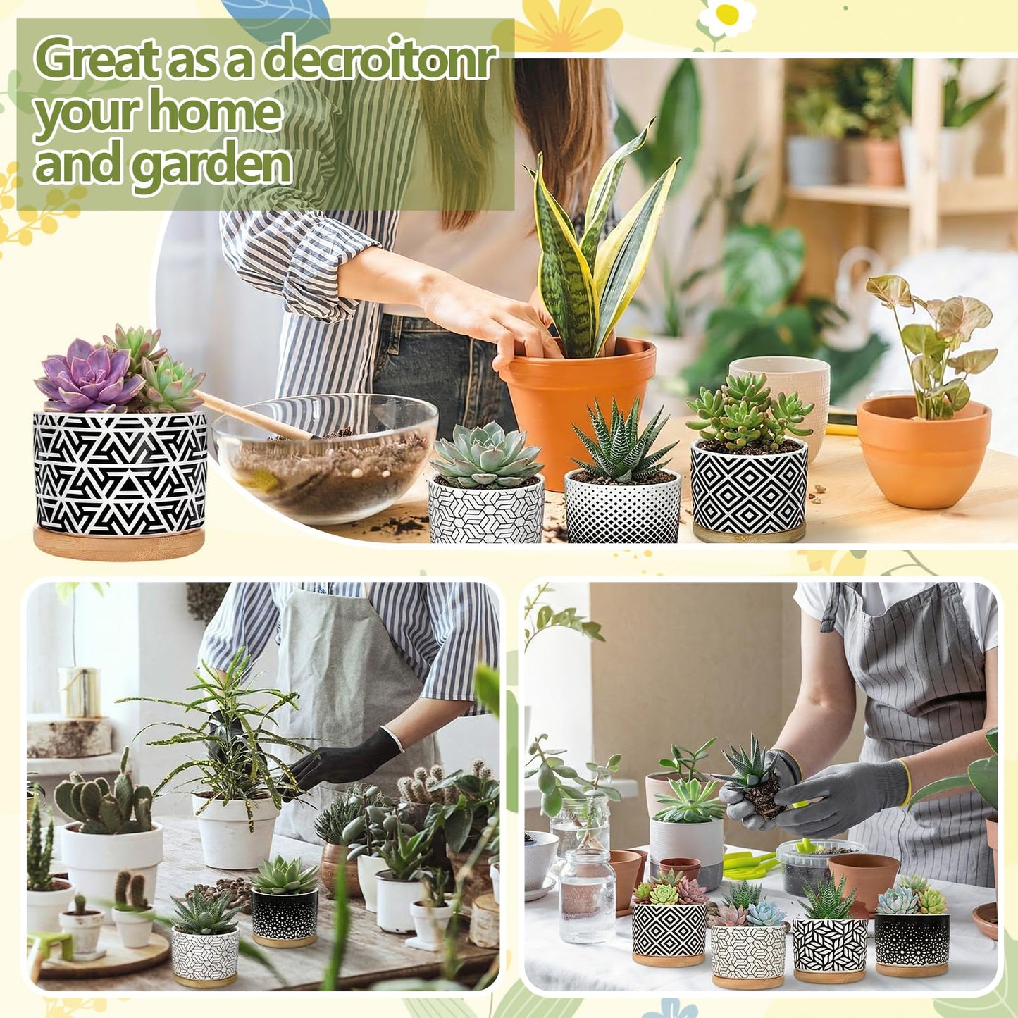 Threehoney 12 Pack 3.14 Inch Ceramic Succulent Pots Geometric Pattern Small Succulent Plant Pots with Drainage Hole and Bamboo Trays Mini Flower Cylinder Pot for Small Plant Cactus Home Office Decor