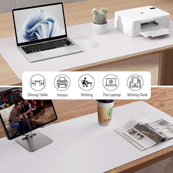 Aothia Large PU Leather Desk Pad Protector – Non-Slip Mouse Pad & Writing Mat for Office/Home, Waterproof, Easy to Clean (36" x 17", Pale Lavender White)