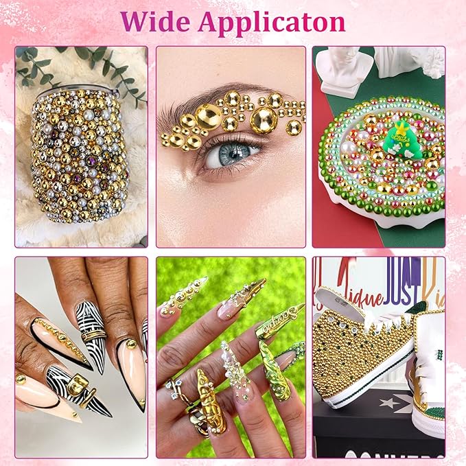 Belleboost Gold Nail Charms and Gems, 2 Boxes Half Round Flatback Pearl Nail Charms, Nail Pearls Rhinestones Kit Gold Beads for Nails with Pencil and Tweezer for DIY Nail Art, Face Makeup and Crafting
