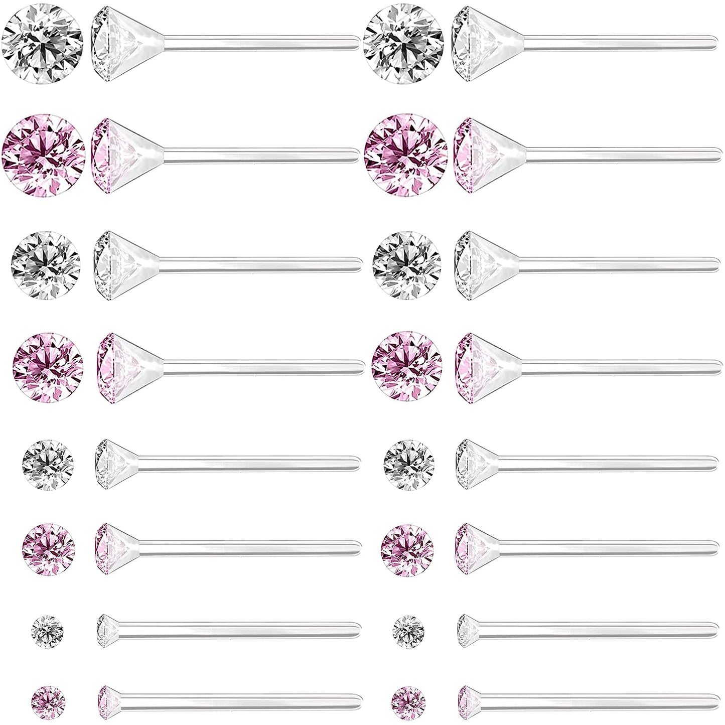 OwlkOrmy 8 Pairs Anti Allergy Plastic Earrings for Sensitive Ears & Include 8 Pairs Silicone Soft earring backs, Birthstone Cubic Zirconia Stud Earrings Kit 2mm 3mm 4mm 5mm in one Set (Pink)