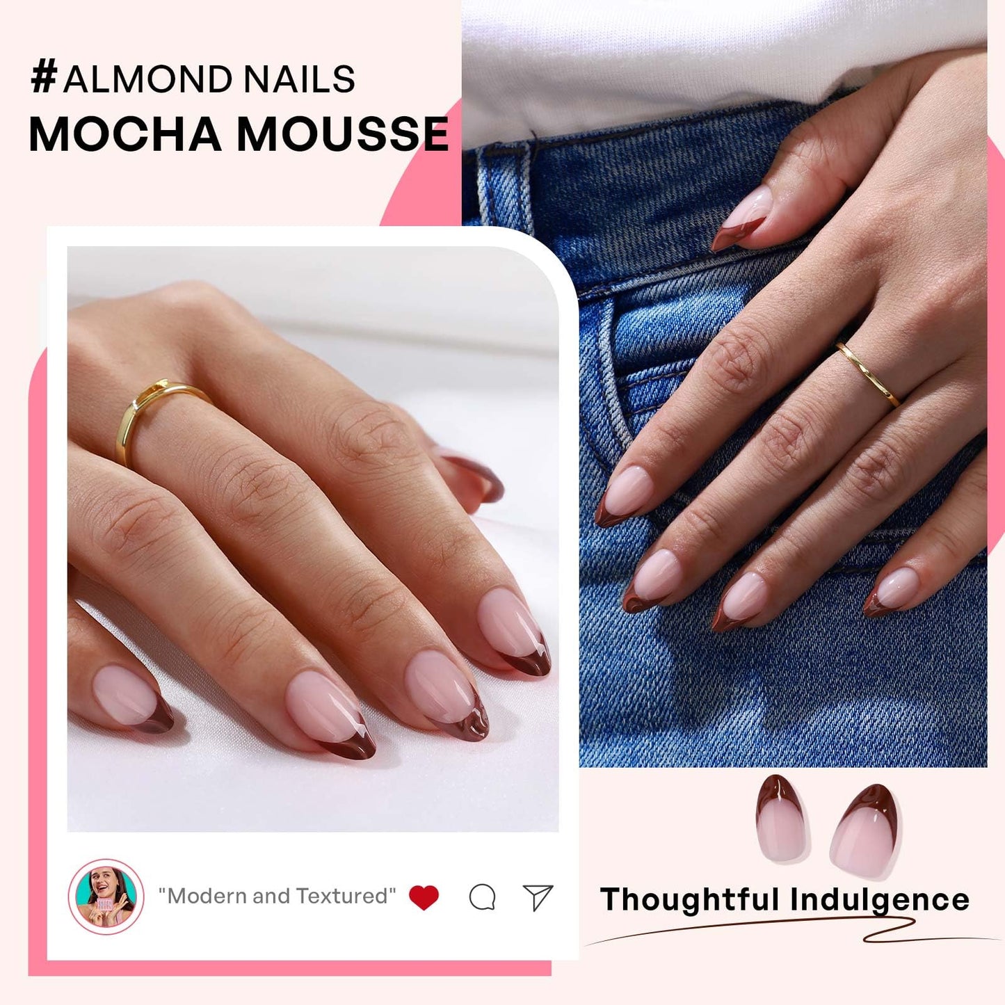 Chocolate Brown Fall French Tip Press on Nails Short Almond - GJZEZ Soft Gel Fake Nails Press Ons with 3D Sculpting Wave, Durable Handmade Glue on Nail | 16 Sizes - 32 Reusable Nail, Mocha Mousse