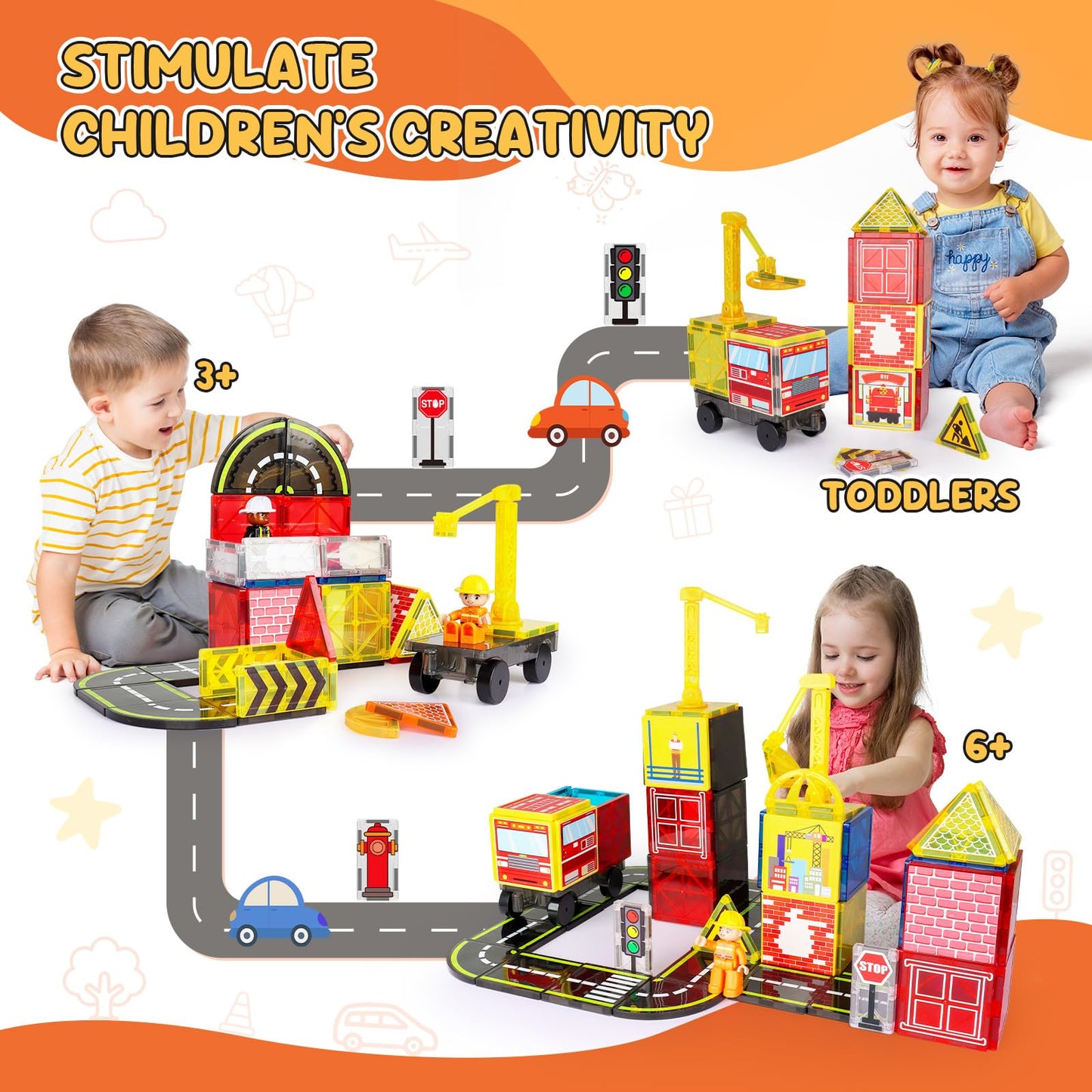 Magnetic Tiles Road Set with Fire Trucks & 2 Dolls, Double-Sided Magnet Tiles with 2 Cranes, Toys for Boys Ages 3-5 5-7, STEM Learning Construction Toys Include Car, Stations, Signs, Gifts for Kids 3+