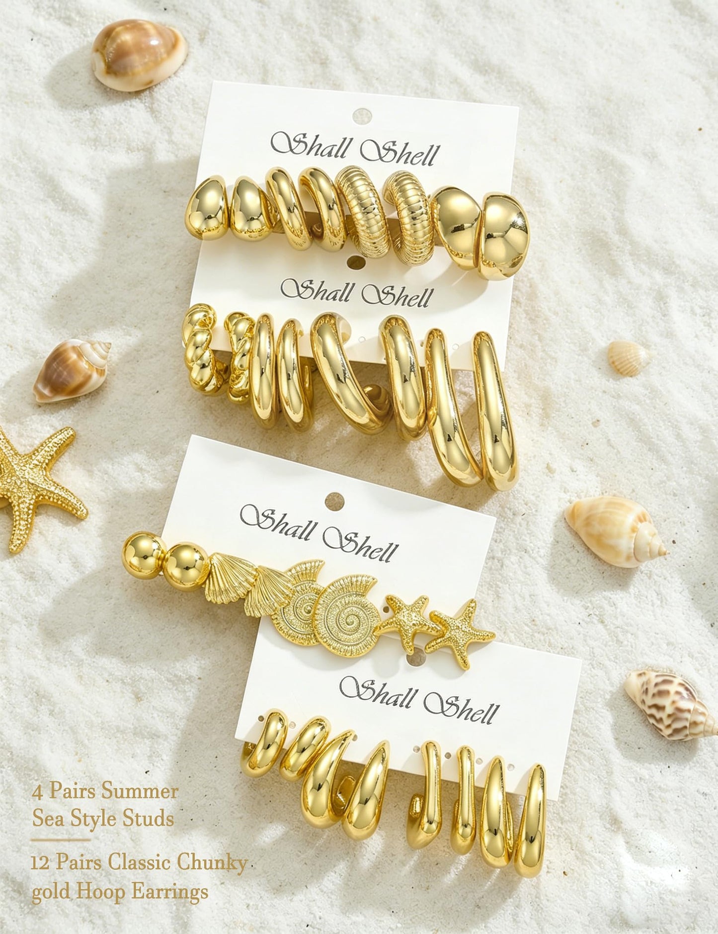 16 Pairs Starfish Chunky Gold Hoop Earrings Set for Women, Beach Shell Style Stack Statement Earrings, Hypoallergenic Lightweight Gold Plated Trendy Summer Jewelry Gift