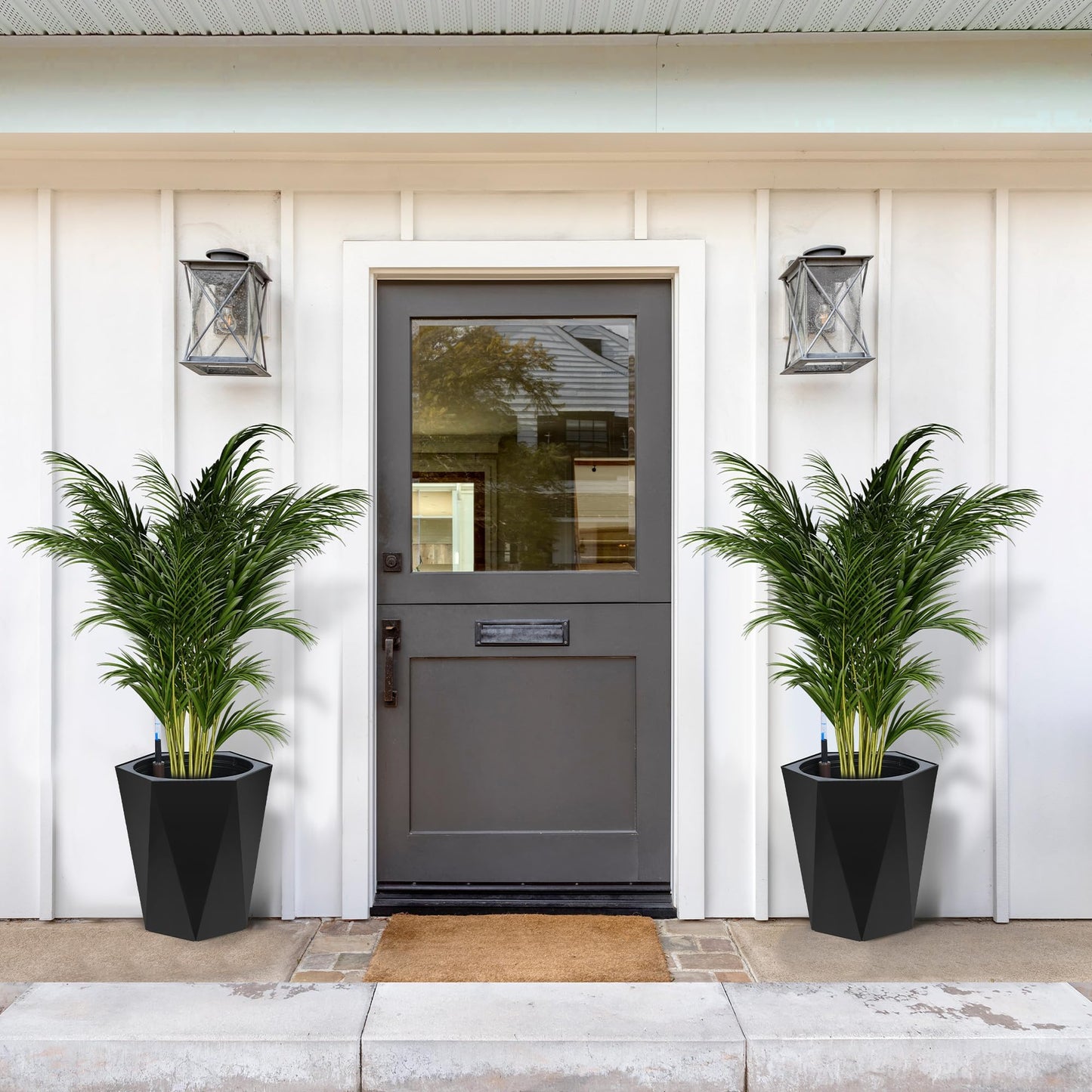 16" Black Tall Planters Outdoor Set of 2, Large Black Flower Pots Outdoor with Drainage Holes & Automatic Watering System, Modern Large Resin Planters for Outdoor Plants, Front Porch, Deck, Diamond