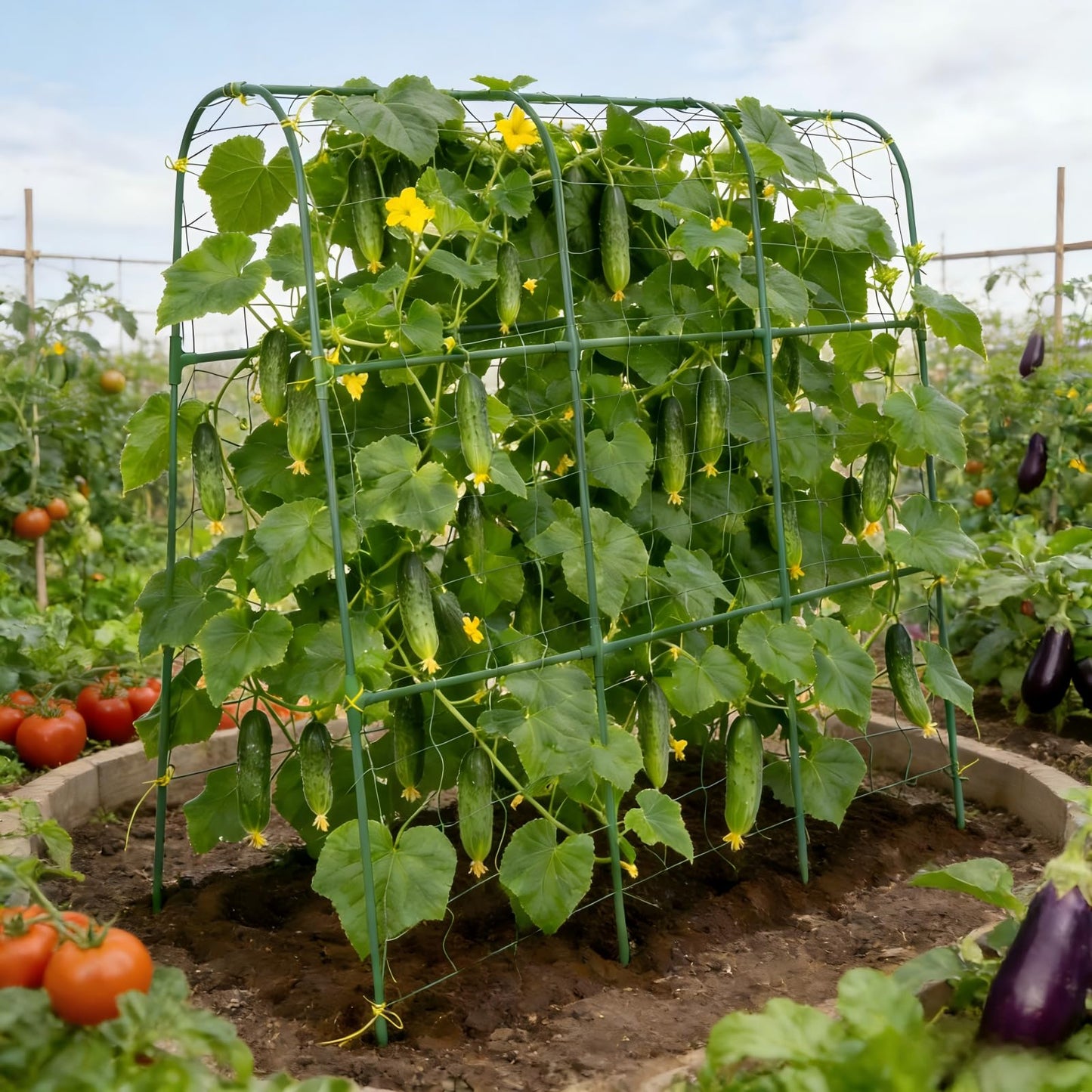 Tegarbed Cucumber Trellis for Climbing Plants Outdoors, U-Shape Garden Trellis for Raised Bed with Netting, Plant Support Structures for Vegetables, Grape, Bean, Tomato, Vines, 48 * 46 inch, Green