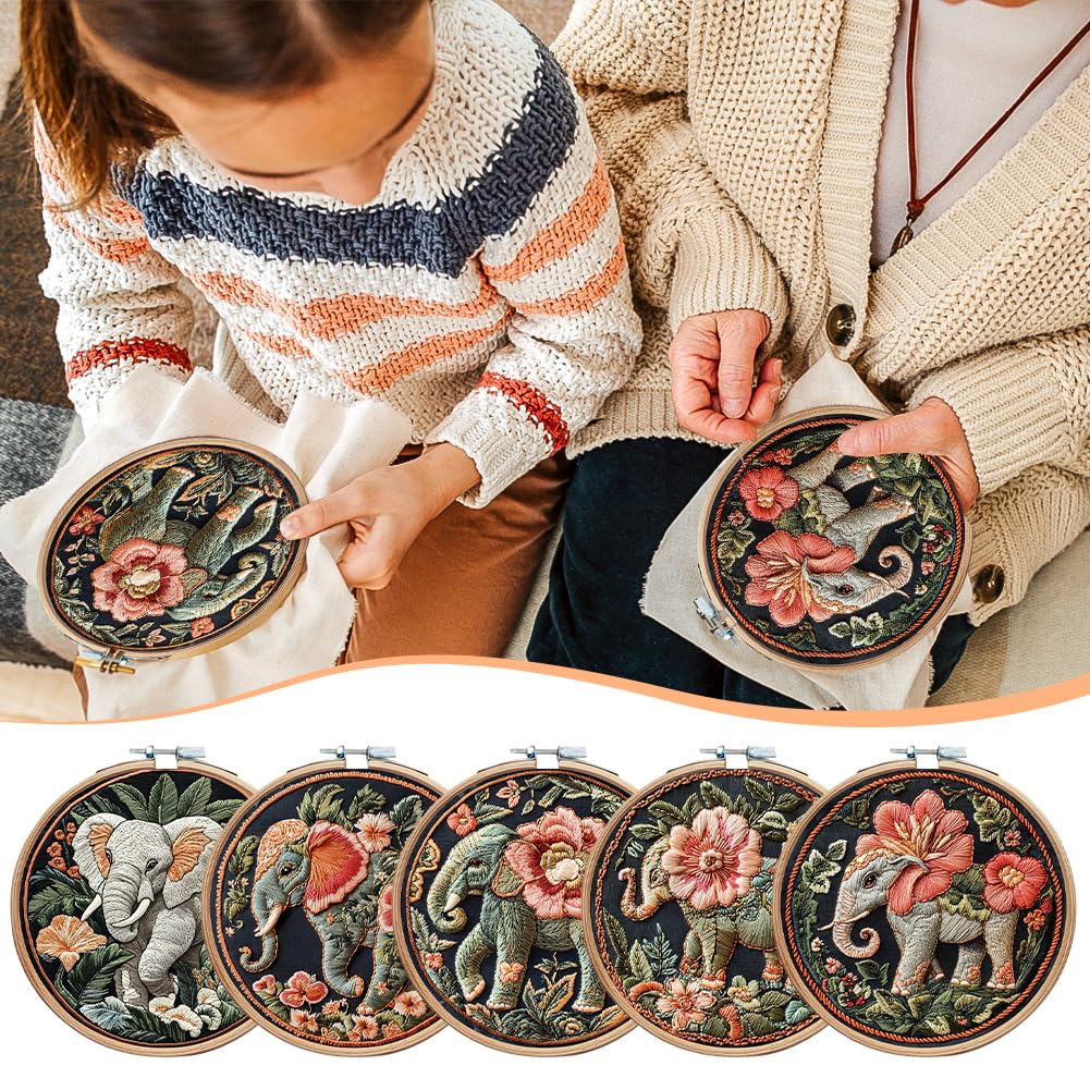 Eforcase Embroidery Starter Kit for Adult Beginner with Cute Elephant Animal Floral Pattern Cross Stitch Hand Embroidery Set DIY Cross Stitch Kits with Hoops Needles Threads