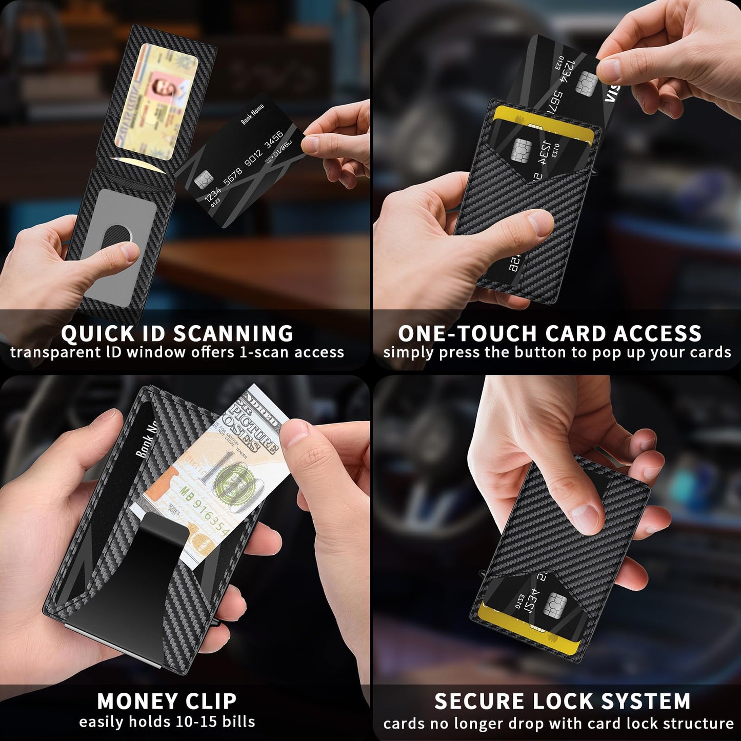 KISUEDZP Wallet for Men Aluminum RFID Blocking -Metal Smart Pop-Up Credit Card Holder with 2 ID Windows, Holds 8-10 Cards,Bifold Security Front Pocket Wallet & Money Clip,Men's accessories(Carbon)
