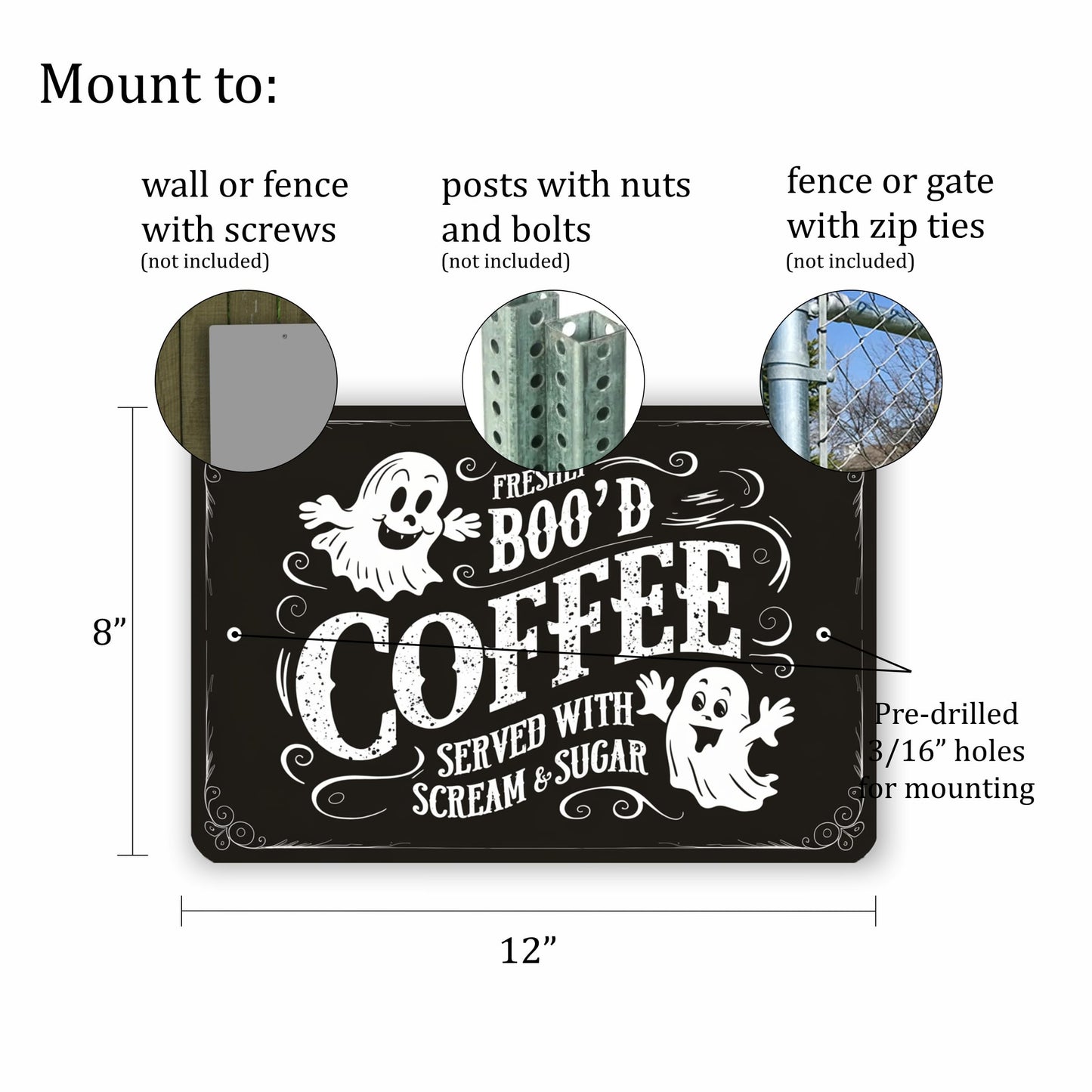 Halloween-Themed Metal Sign - "Freshly BOO'D Coffee Served with Scream and Sugar" - Humorous Ghost Design - 8"x12" Black Metal Sign