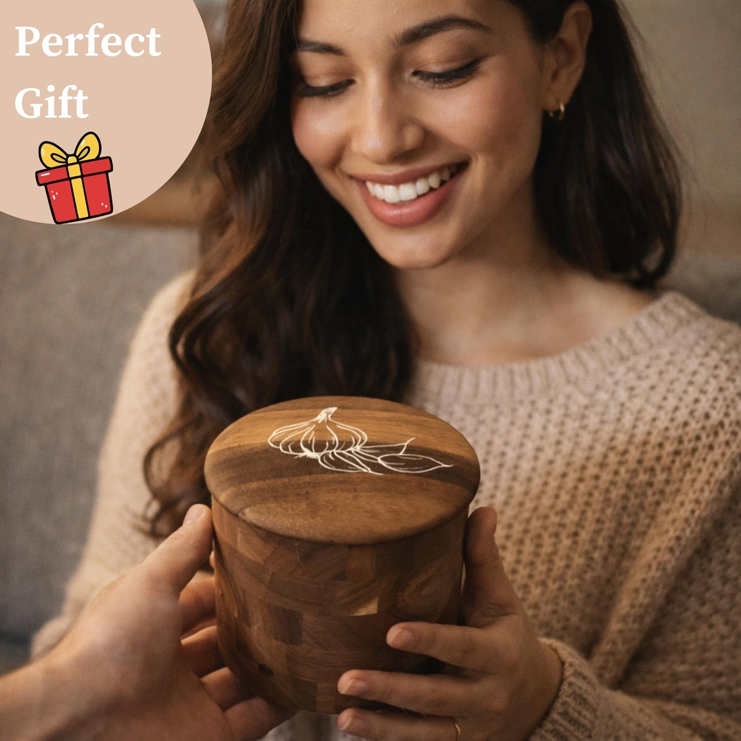 Jean Lemond Introducing The Always Fresh Acacia Garlic Keeper For Counter. A Crafted Small / Regular Garlic Storage Jar. A Rustic Garlic Holder Container Pot Saver With Lid. (Regular (Fits 3 Bulbs))