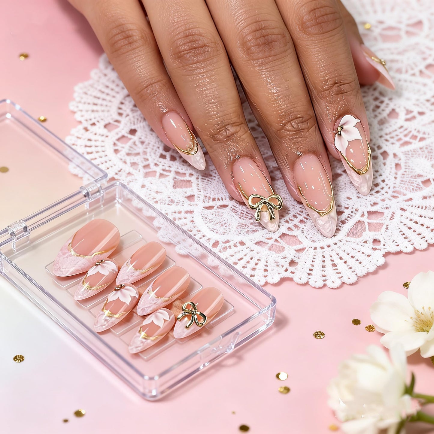BABALAL Press on Nails, Medium Almond Fake Nails, White French Tip, Flower & Bow Charm, Glossy Full Cover Glue On Nails For Women And Girls 24Pcs