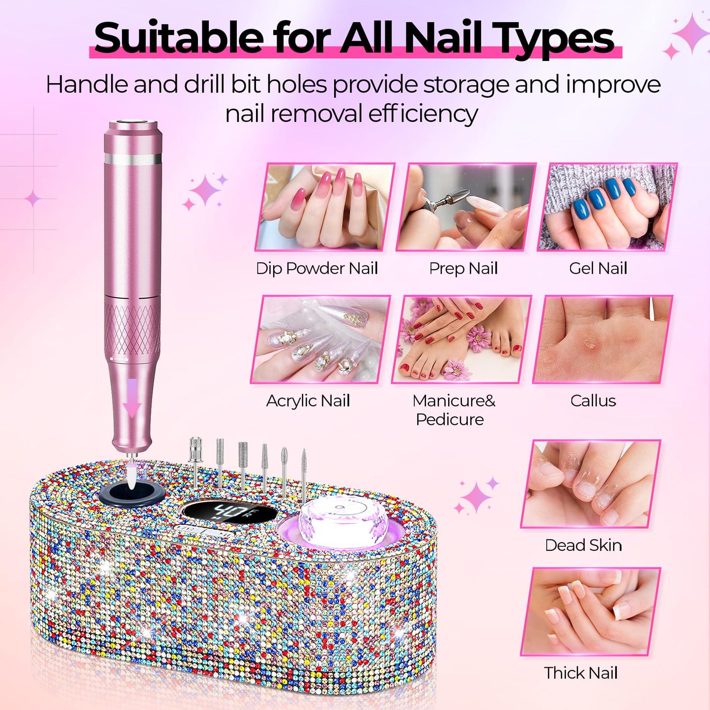 JOSGLOI Electric Nail Drill Professional: Shiny 40000RPM Electric Nail File Kit E File Nail Drill Machine with LCD Display for Acrylic Gel, Manicure Pedicure Polishing Grinder for Salon Home, Diamond