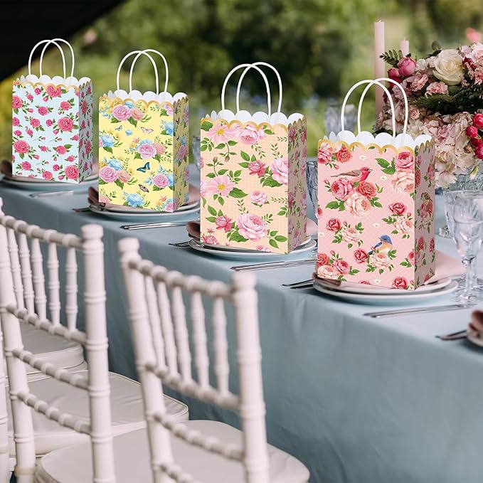 Vintage Floral Gift Bags Bulk Tea Party Favors Flower Tea Party Goodie Bags Treat Candy Bag Spring Wildflower Birthday Favors Decoration for Princess Birthday Wedding Garden Bridal Shower 12Pcs