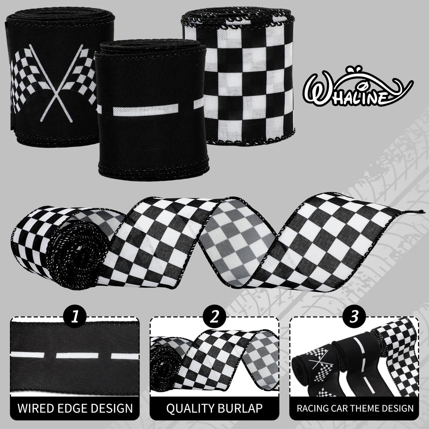 Whaline 3 Roll Racing Car Theme Wired Edge Ribbon 18 Yards 2.5 Inch Black White Checkered Decorative Fabric Ribbon for Wreath Bow Sport Team DIY Craft Gift Wrapping Supplies