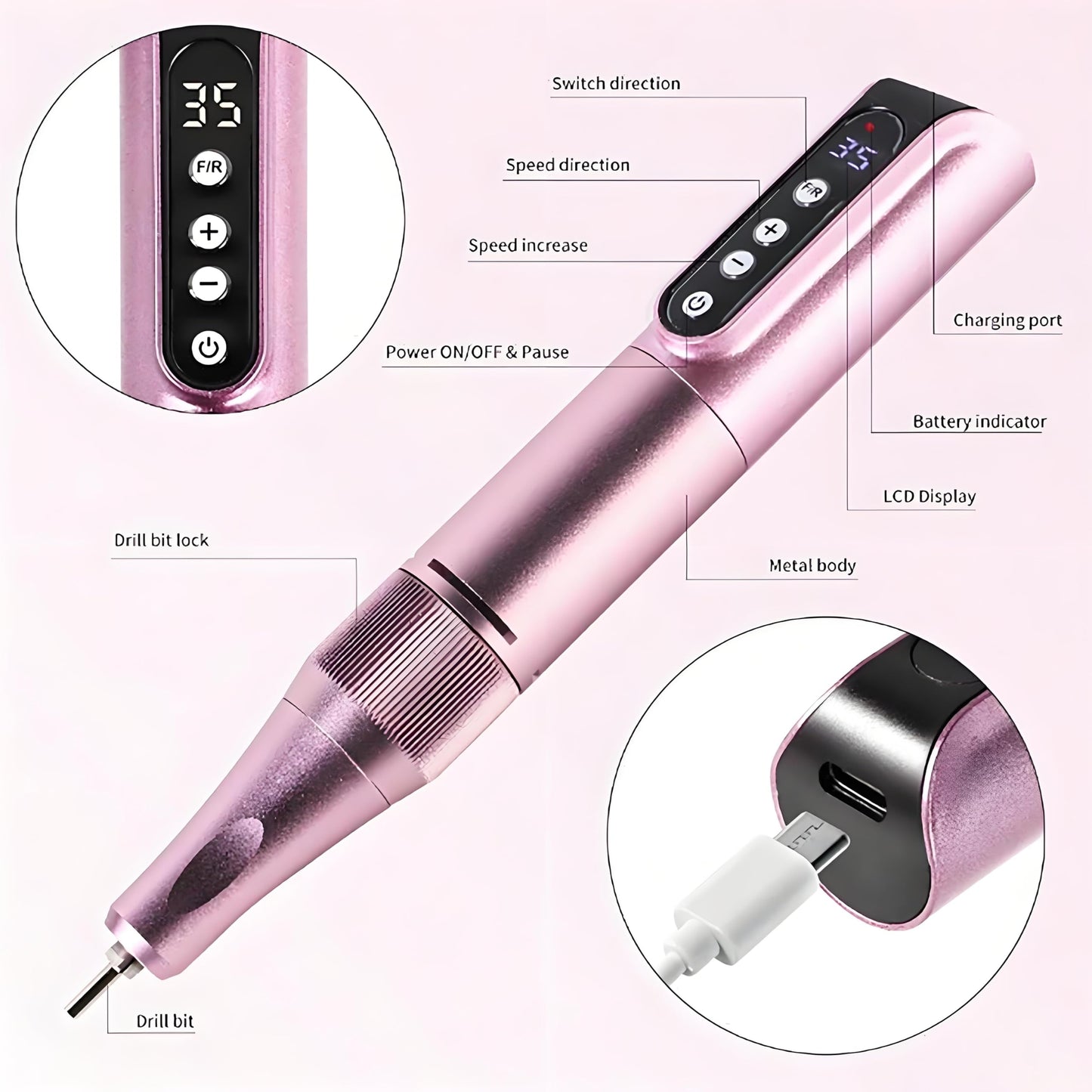 Cordless Nail Efile Drill Machine - Rechargeable Electric Nail File Kit for Acrylic/Gel/Dip Powder Nails, 6 Bits Portable Lightweight Design with Quiet Motor, Ideal for Home & Salon Manicure Pedicure