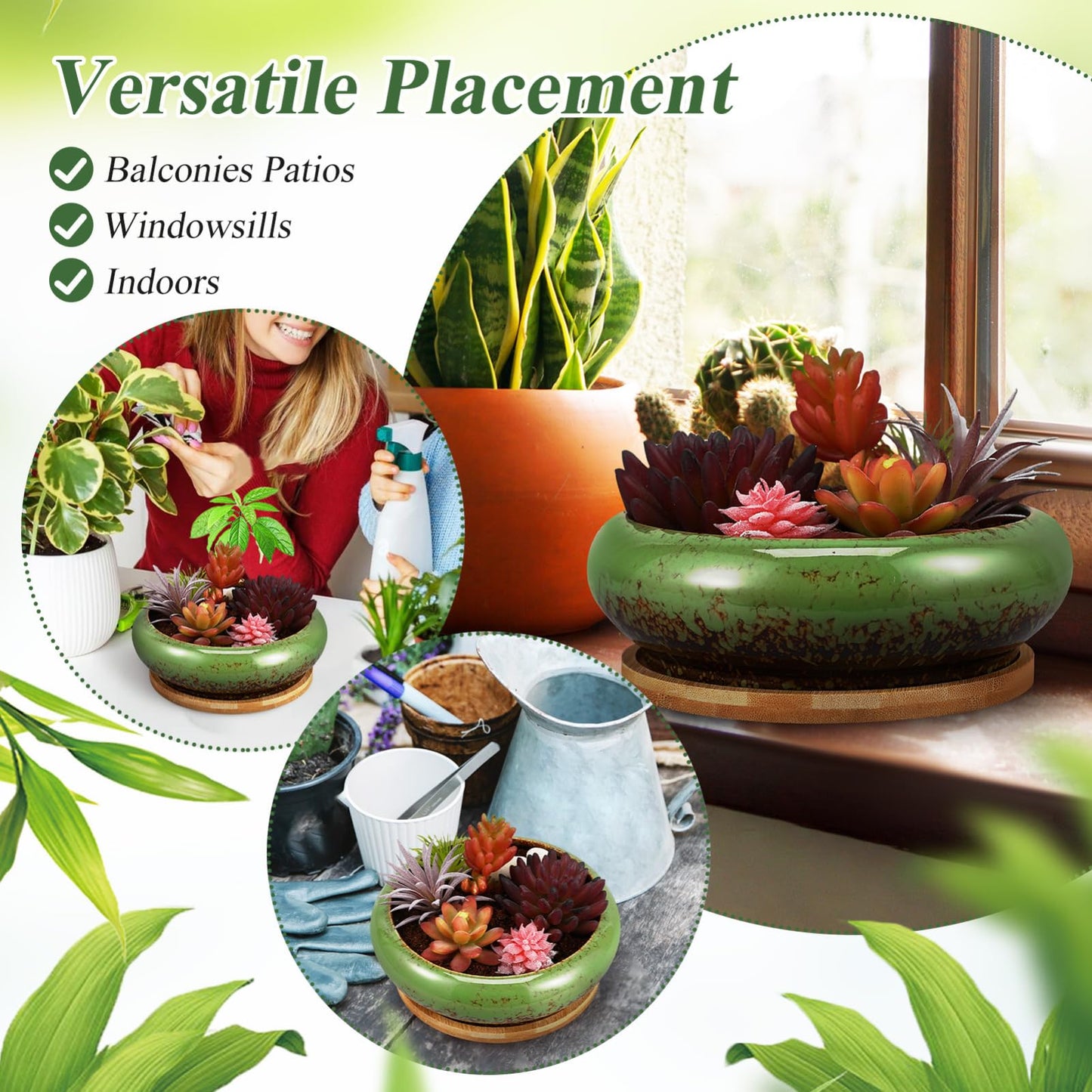 Kisangel Succulent Planters Ceramic Lotus Bowl 7.08 Inch with Drainage Hole and Tray Indoor Bonsai Pot for Cactus and Flower Plant Container Home Garden Decor
