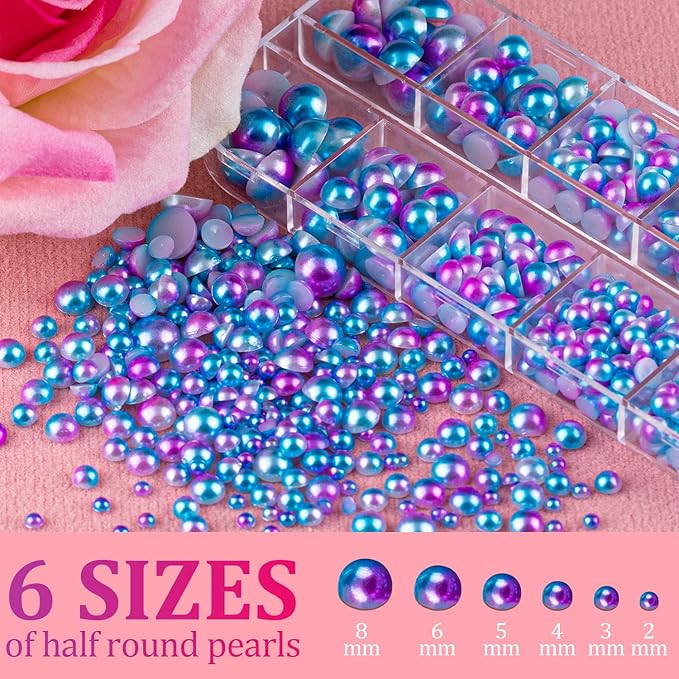 Belleboost Flat Back Pearls Kits 3 Boxes of Flatback Blue Mermaid Half Round Pearls with Pickup Pencil and Tweezer for Home DIY and Professional Nail Art, Face Makeup and Craft