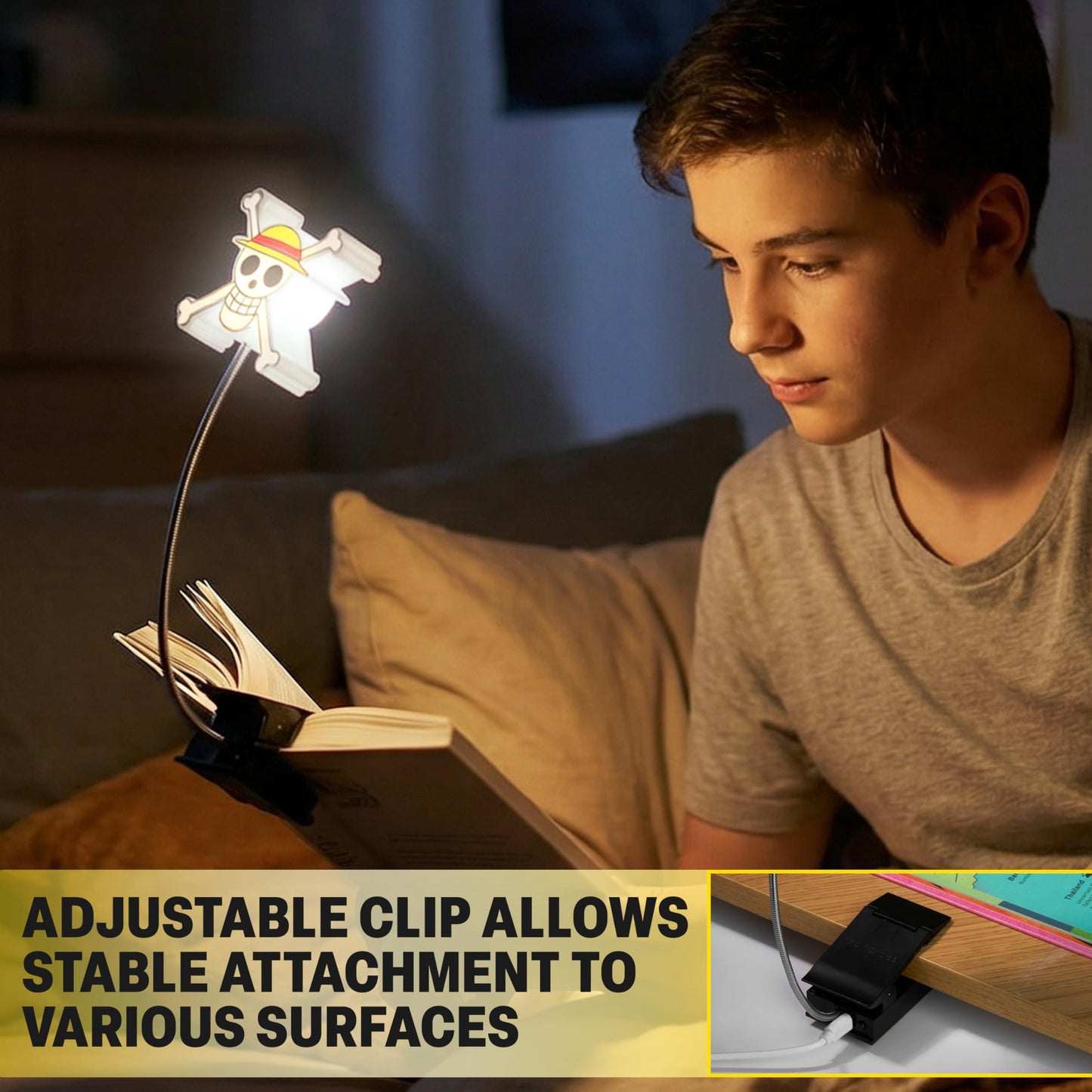 Get Trend One Piece 3D Book Light for Reading at Night, Clip On 360° LED Reading Lights in Bed, Eye Caring 3 Dimming Brightness, Battery & USB Straw Hat Clamp Lamp, Anime Gifts for Book Lovers