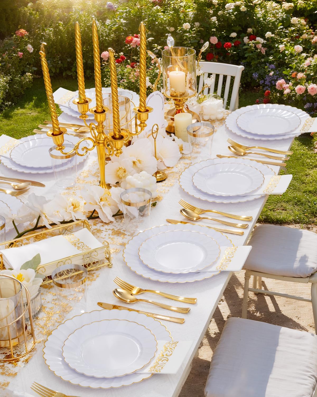 YOUBET 175PCS Gold Scalloped Plastic Plates - White and Gold Disposable Dinnerware Set Include 50 Plates, 75 Gold Silverware, 25 Cups, 25 Napkins for Party & Wedding & Thanksgiving