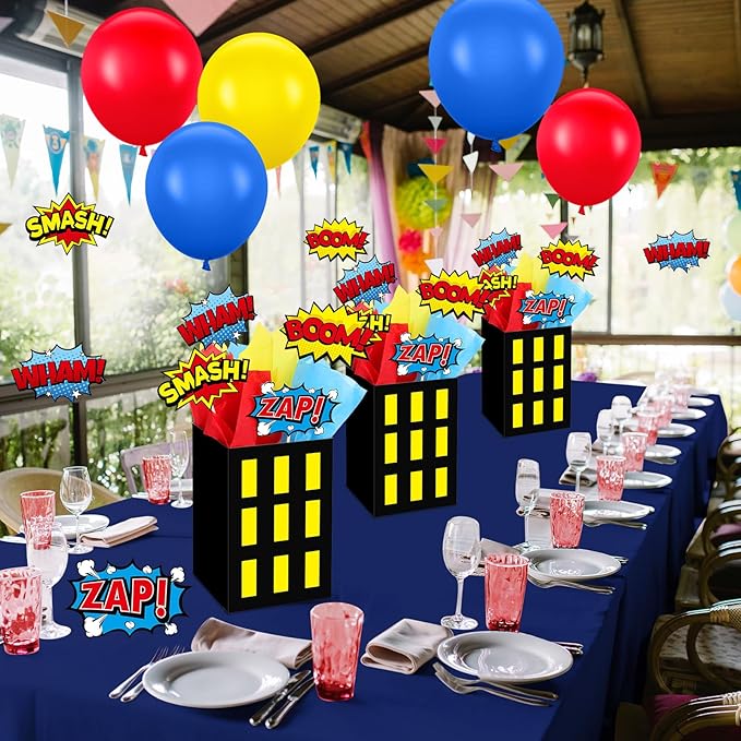 8 Sets Hero Theme Party Decoration Hero Boxes Centerpiece (7.9 x 5.1 x 5.1 Inch) Sticks with Tissue Paper Standing Cards Birthday Baby Shower Party Supplies (Yellow)