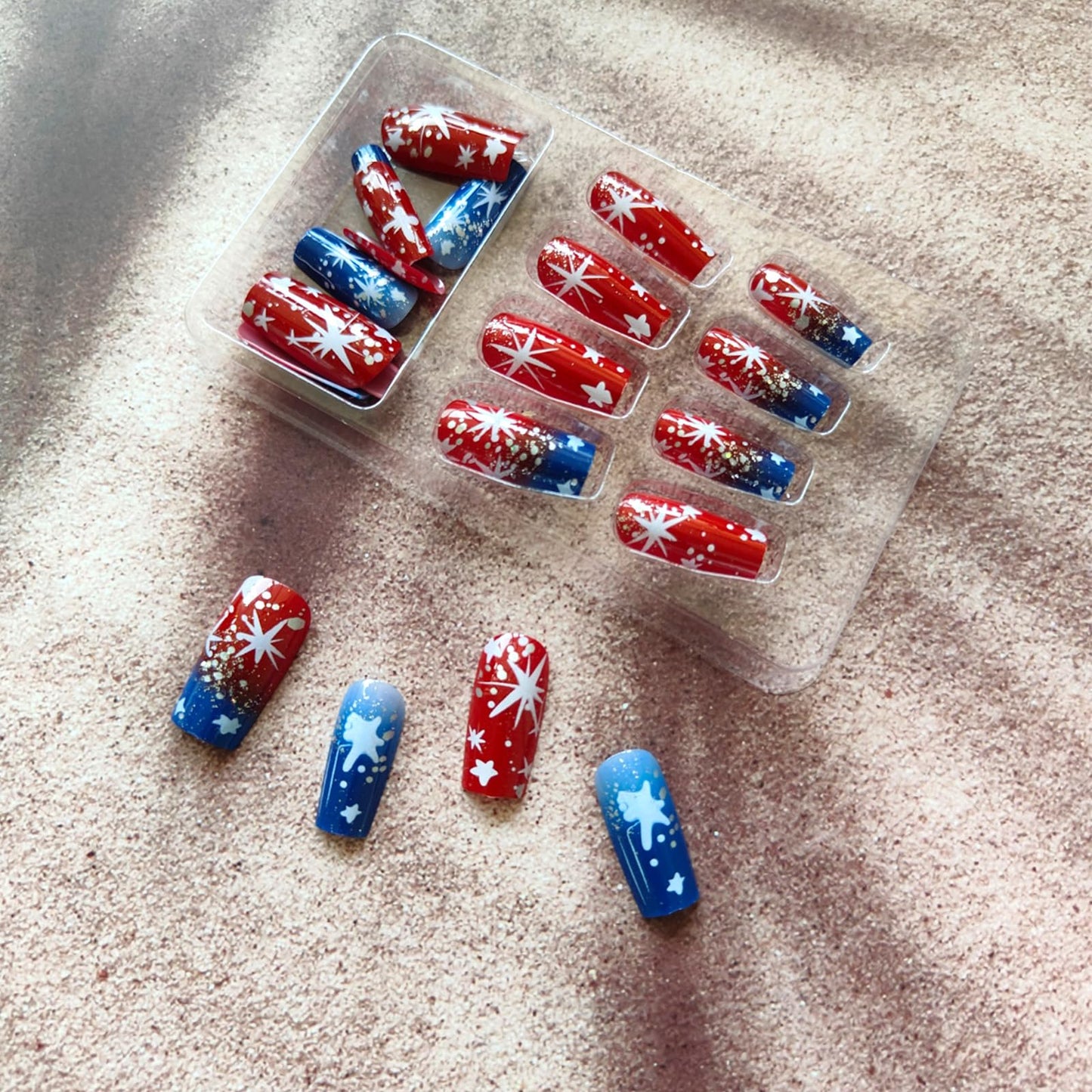 Independence Day Press on Nails Medium Square Fake Nails with Stars Design Red Blue False Nails 4th of July Patriotic Nails Full Cover Glue on Nails Acrylic Stick on Nails for Women 24Pcs