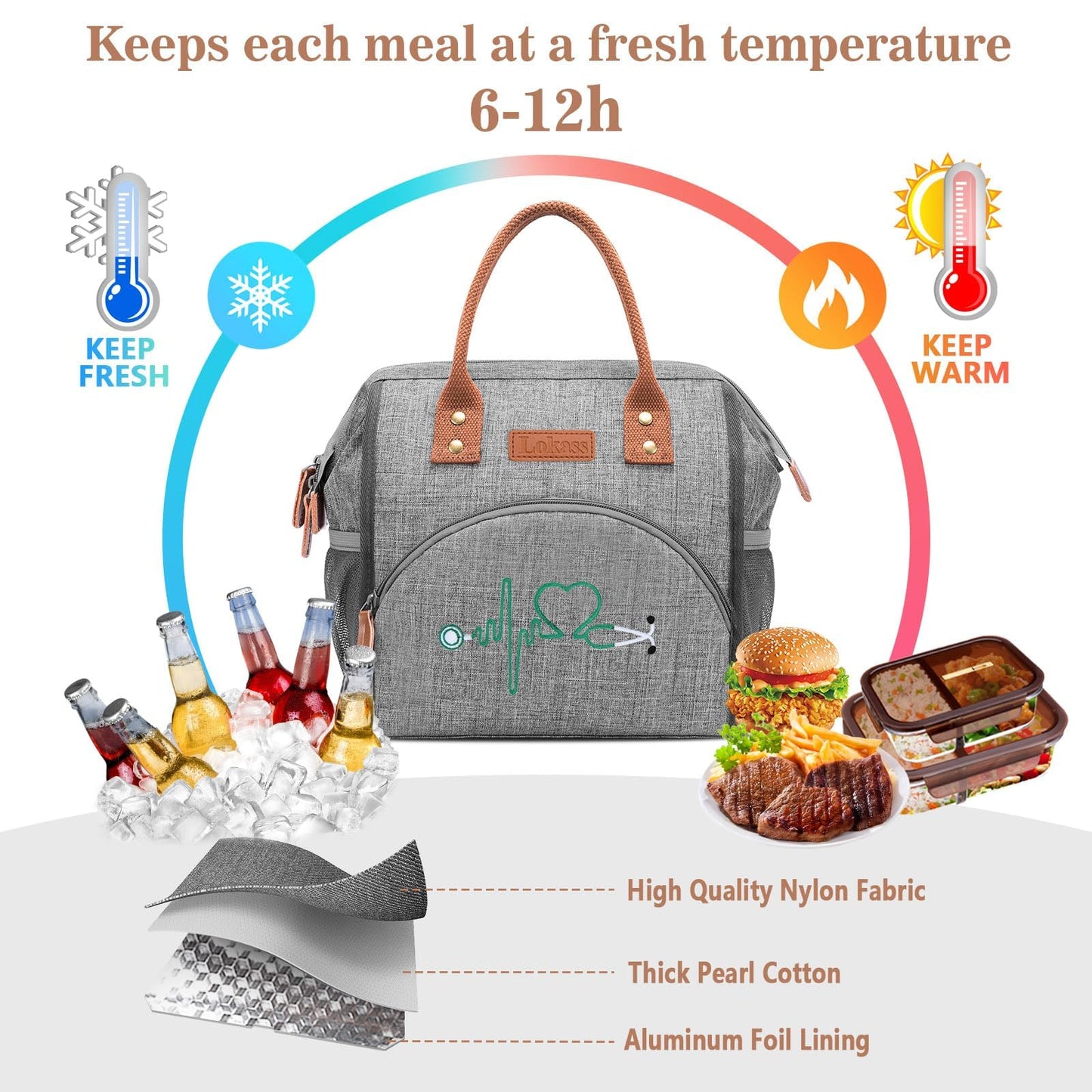 Srotek Nurse Gifts for Women - Embroidered Nurse Lunch Bag for Work, Large Capacity Wide-Open Lunch Box Insulated Reusable Lunch Tote Cooler Bag, Practical Nurse Accessories for Daily Use, Grey