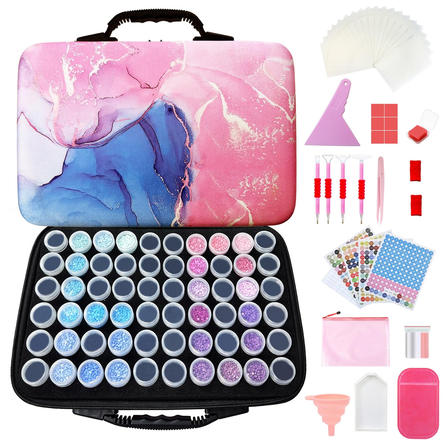 Muzagroo Art Diamond Painting Storage Containers Diamond Art Storage Case with Accessories and Tools Portable Shockproof 60 Slots Organizer Case for Diamond Painting Kits Standard Set (Pink)