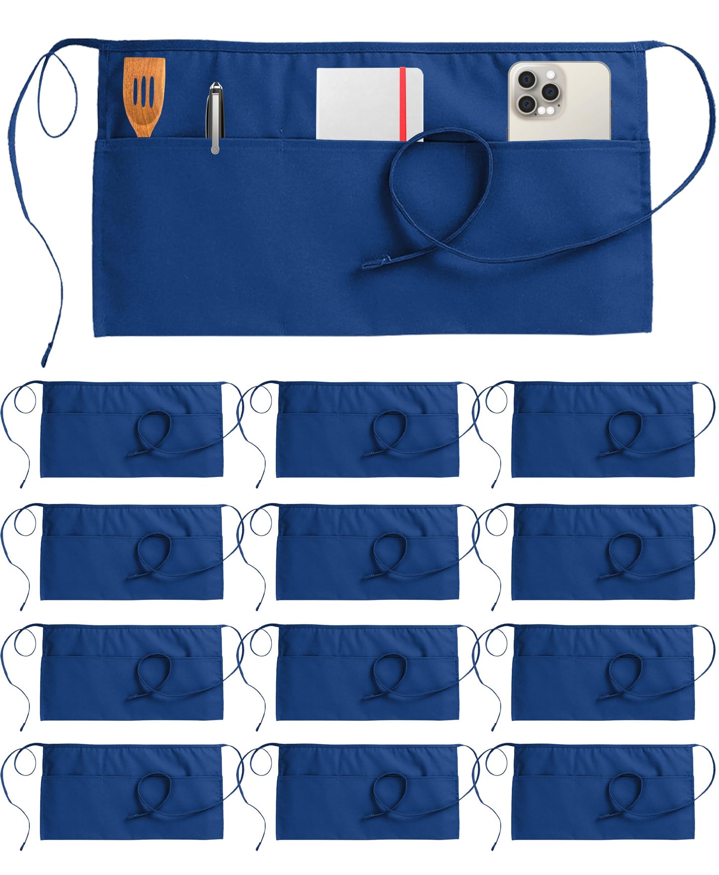 Utopia Wear 12 Pack Server Aprons with 3 Pockets, Waiter and Waitress Waist Aprons for Women with Pockets, Men Short Aprons (Blue)