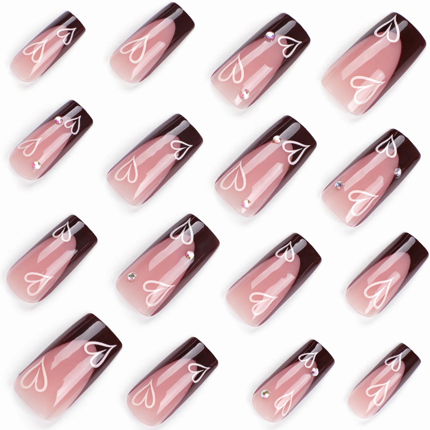 BABALAL Fall French Tip Art Nails Medium Square 24Pcs Squoval Manicure False - Brown Glue on Shiny Acrylic Heart Rhinestone Design Cute Nails for Women & Girls