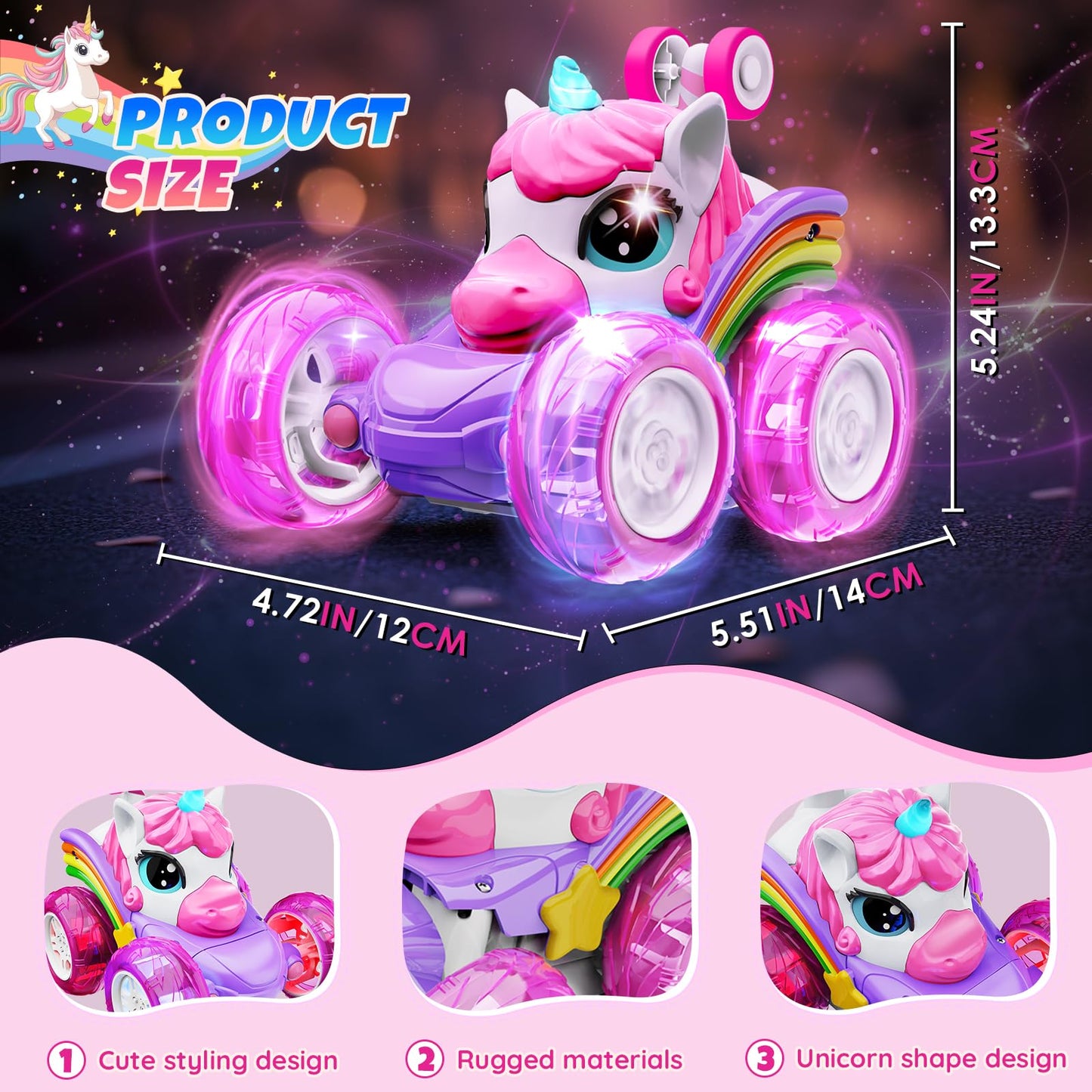 Motivekit Unicorn Remote Control Car Toys for Girl - 360° Rotating Pink RC Stunt Cars 4WD Remote Cars for Kids, 2.4GHz Toy Car with LED Lights, Birthday Gift for 3 4 5 6 7 8 9 Year Old Girl