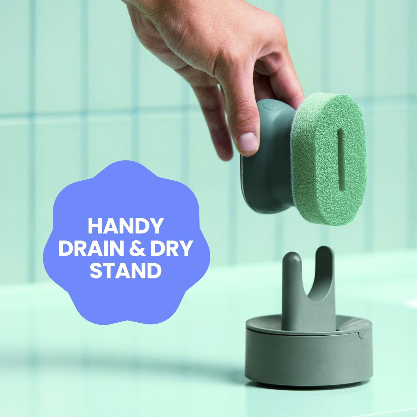 Brite by Scotch-Brite Palm Scrubber with Drain + Dry Stand, Household and Kitchen Sponge for Washing Dishes with Comfy Grip, 1 Scrub Sponge with Soap Dispenser