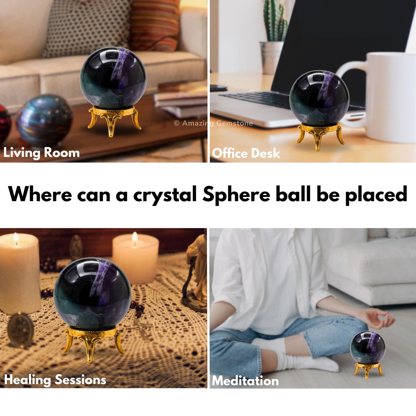 Amazing Gemstone Fluorite Crystal Ball with Stand - 2 Inches Crystal Sphere Meditation Balls for Witchcraft and Decorative Balls