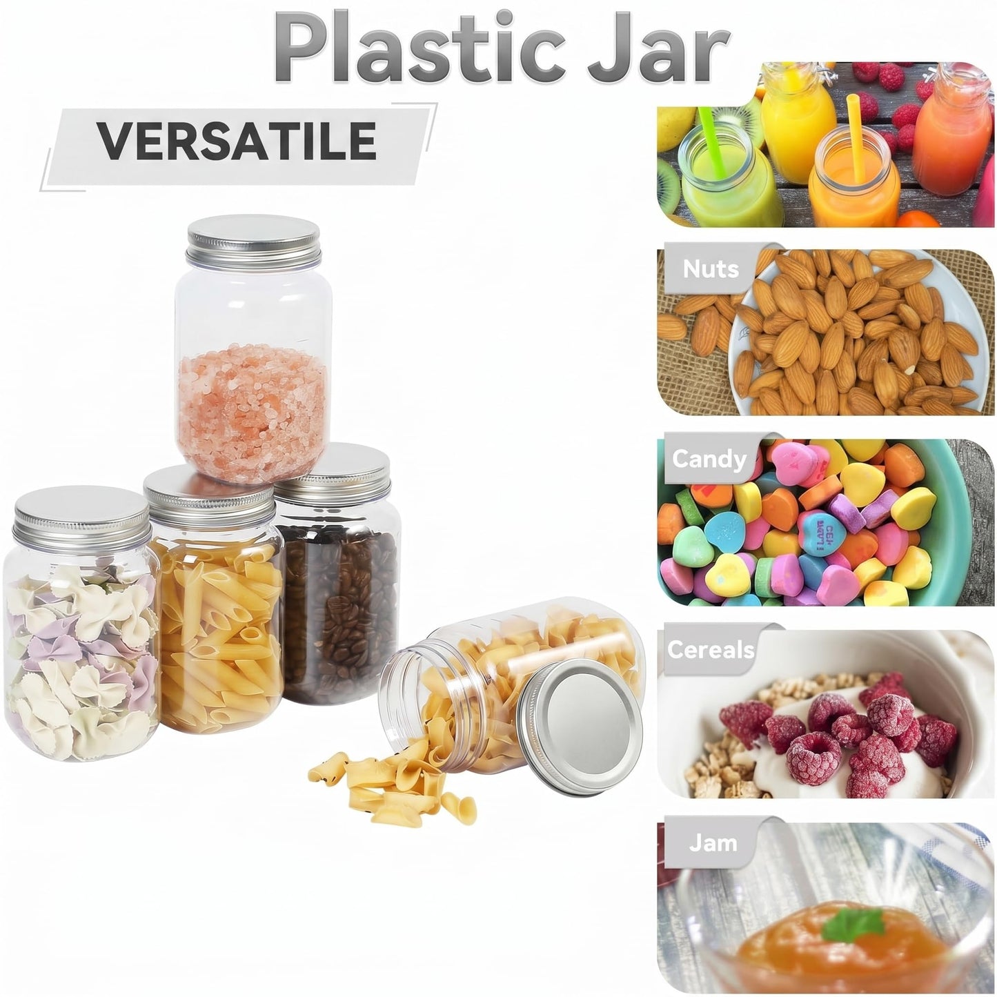 novelinks 16 oz Clear Plastic Jars with Lids, Refillable 16oz Mason Jars with Lids & Storage Containers for Kitchen & Household Use (20 Pack,Silver)