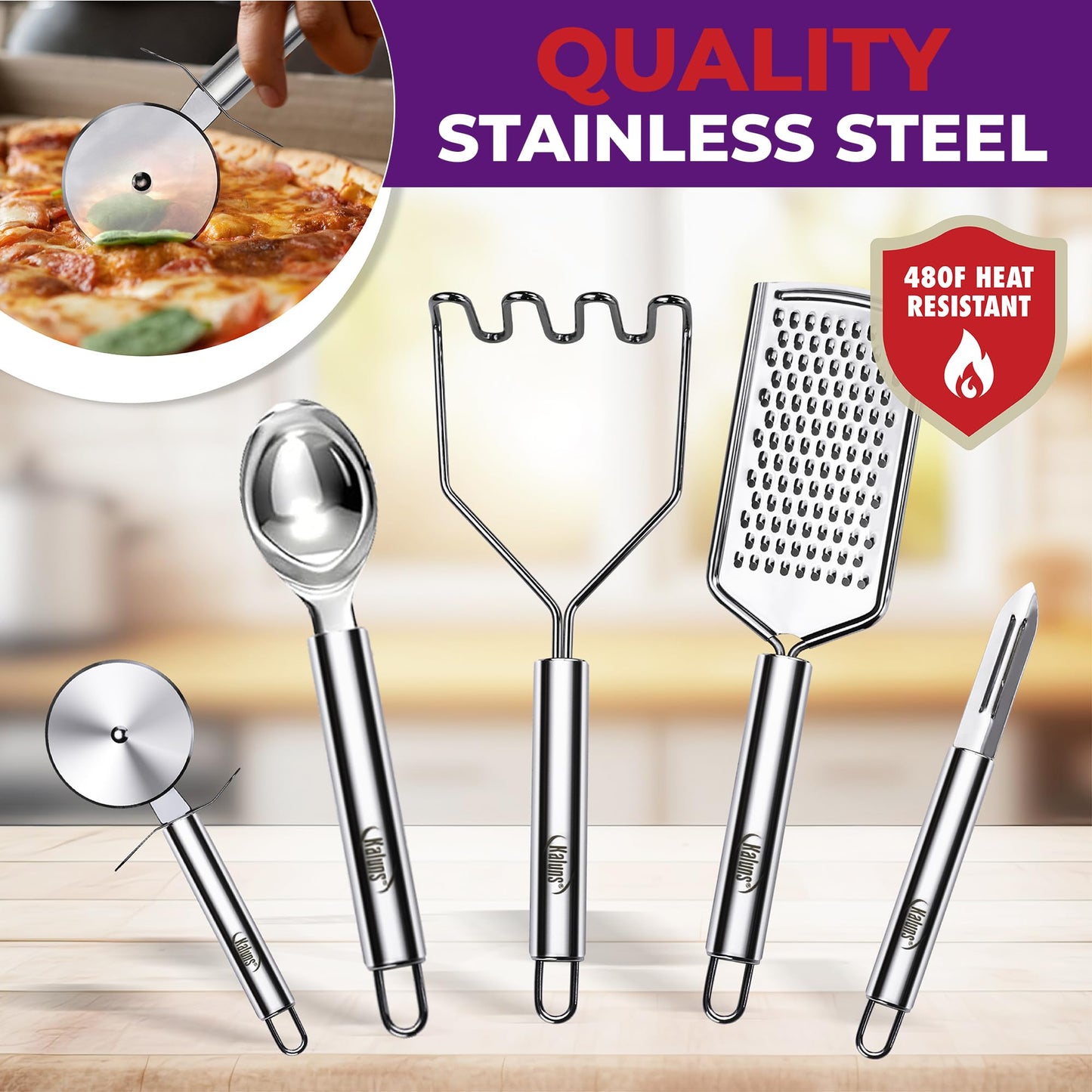 Kaluns 50 PCS Silicone Kitchen Utensils Set Complete Kitchen Set - 800°F Heat Resistant Non-Stick Premium Cooking Utensils W Wooden Handles - Can Opener, Masher, Turner, Silicone Spatula Set