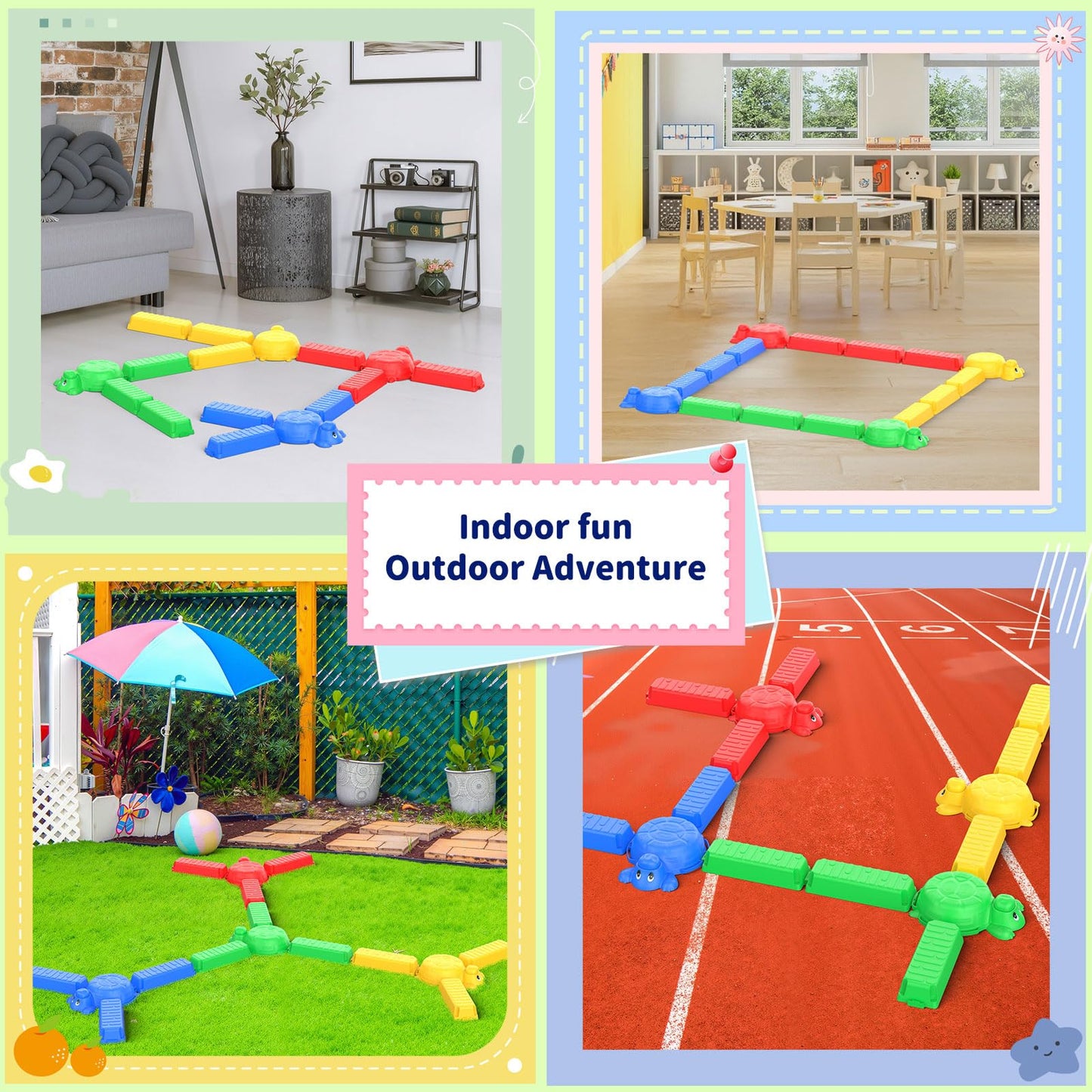 16 Pcs Balance Beam and Stepping Stones for Kids - 4 Turtle Shape Stepping Stones and 12 Connectable Beams with Sound Feature,Color Spinner, Riddle Cards, Fun Balance Training and Obstacle Course