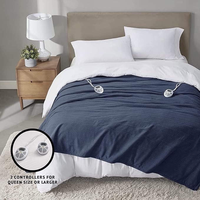 Serta Travis Fleece Ultra Soft Tri-Rib Textured Electric Blanket, Cozy and Snuggly Cover Fast Heating for Cold Weather, Auto Shut Off, Multi Heat Setting Controller, Queen, Indigo