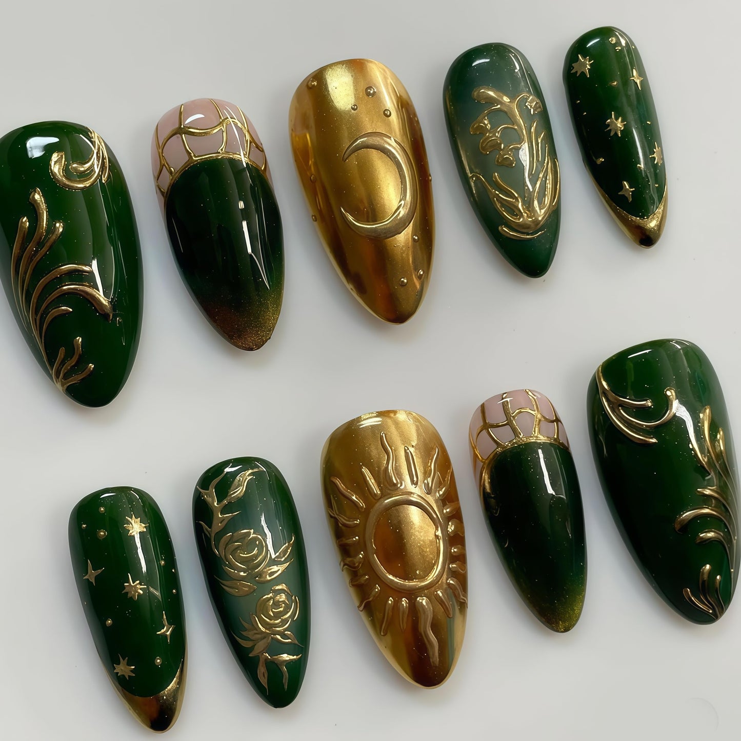 Medium Press on Nails Almond Fake Nails Green Acrylic Nail Press Ons Seeneey Flowers and Gold Charm Designs Stick on Nail for Women 10pcs