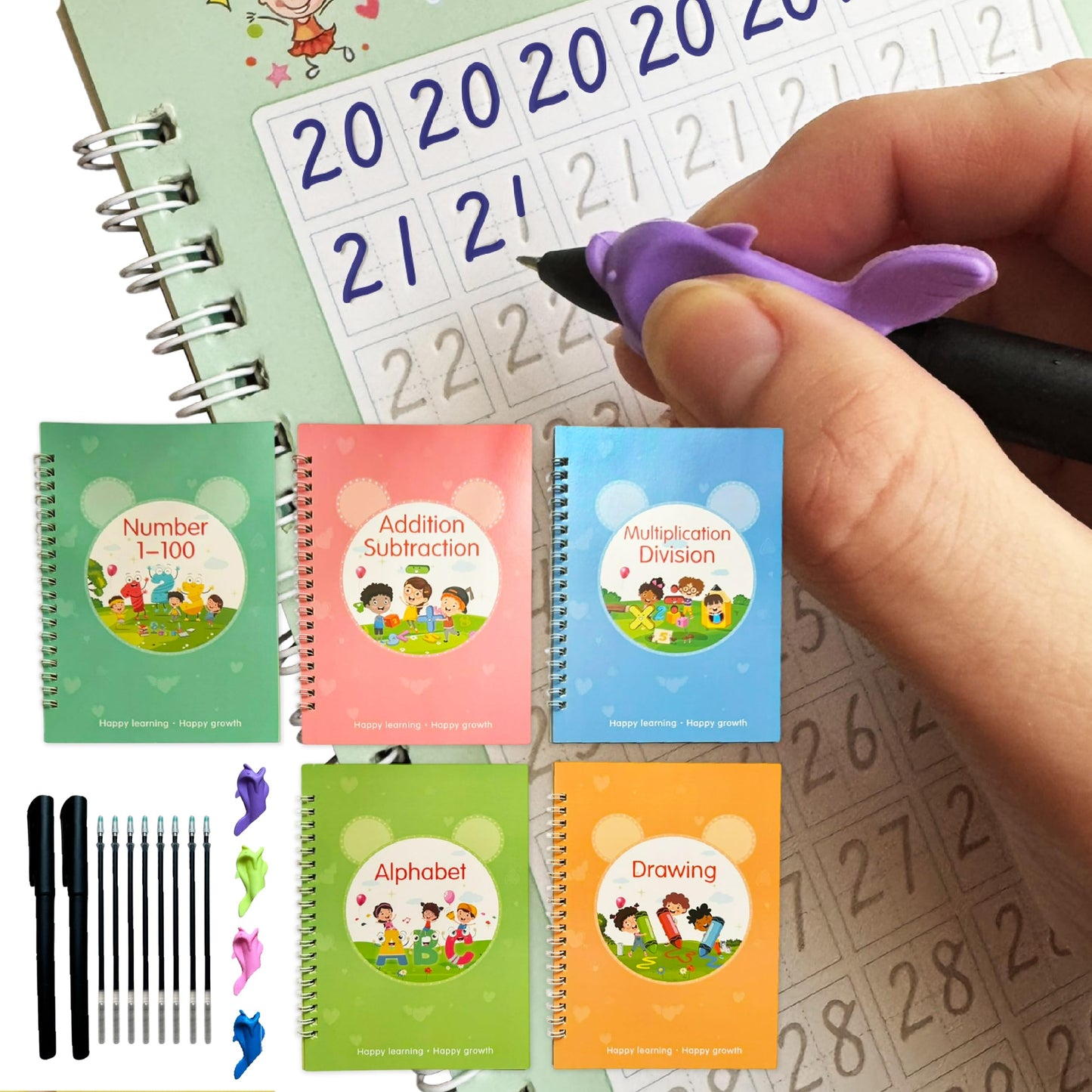 Creative Steps Magic Grooved Writing Practice Books for Kids Ages 3-5 - Reusable Handwriting Workbook Set with 5 Tracing Books, 2 Pens & 10 Refills - Alphabet Numbers Math Drawing Learning Toys for Preschool Toddlers