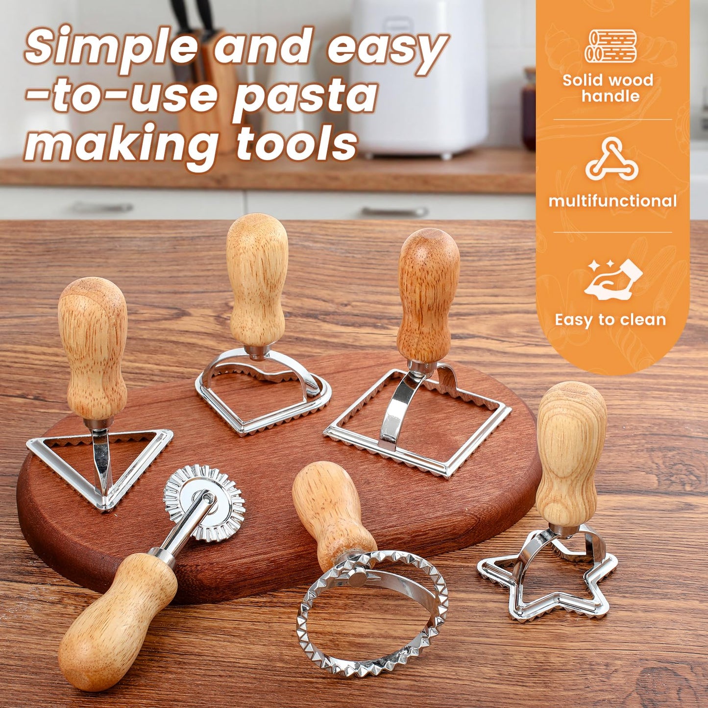 6PCS Ravioli Stamp Maker Cutter,Roller Wheel Included,Pasta Maker Mold with Wooden Handle and Fluted Edge,5 Different Shape Cutters,for Ravioli,Pasta,Dumplings Lasagna,Pierogi