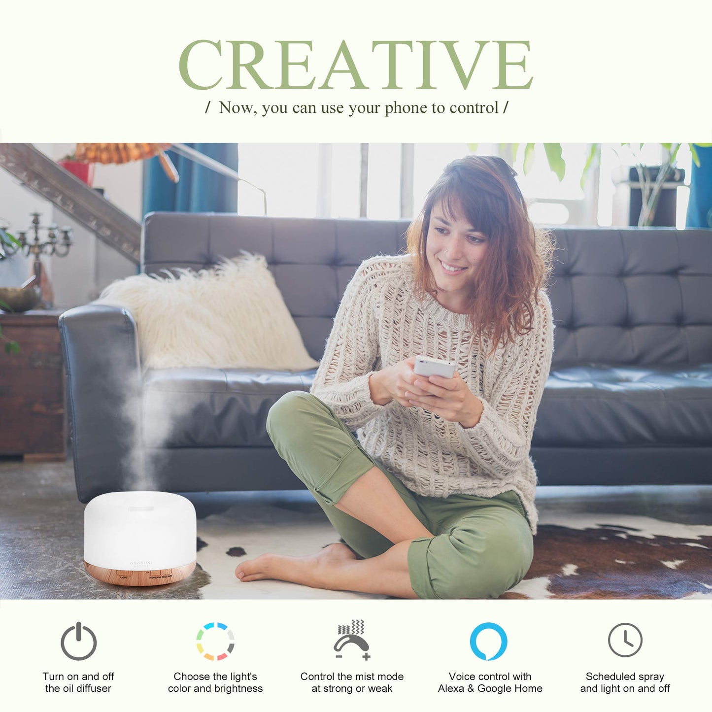 ASAKUKI Smart Wi-Fi Essential Oil Diffuser, App and Voice Control Compatible with Alexa, 500ml Aromatherapy Humidifier for Relaxing Atmosphere in Home Office Bedroom, Gift for Mom (Light Brown)