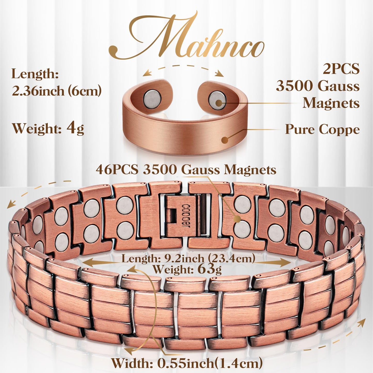 Copper Bracelets for Men & Lymphatic Drainage Ring, Magnetic Copper Bracelet with Double Row Magnets, Mens Bracelet Adjustable Length with Remove Tool