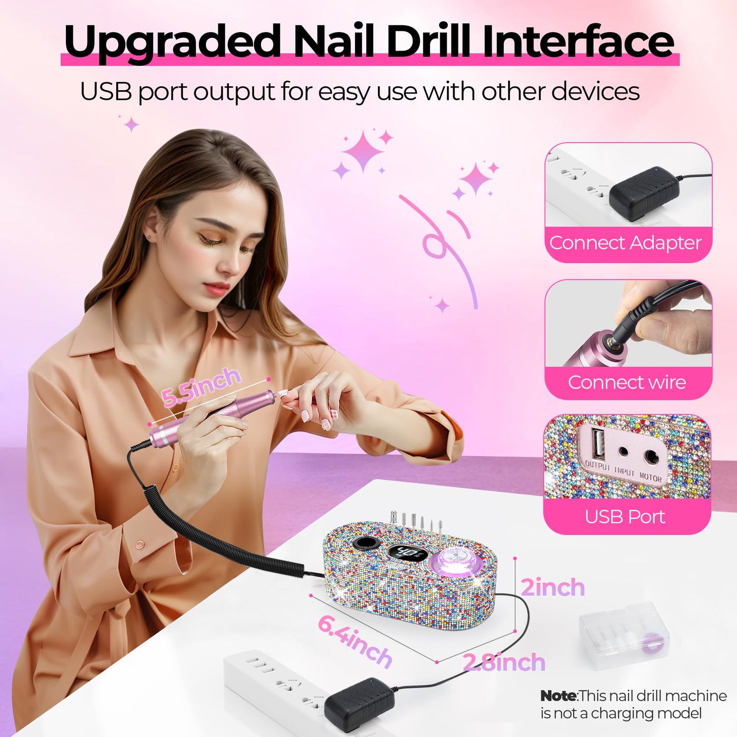 JOSGLOI Electric Nail Drill Professional: Shiny 40000RPM Electric Nail File Kit E File Nail Drill Machine with LCD Display for Acrylic Gel, Manicure Pedicure Polishing Grinder for Salon Home, Diamond