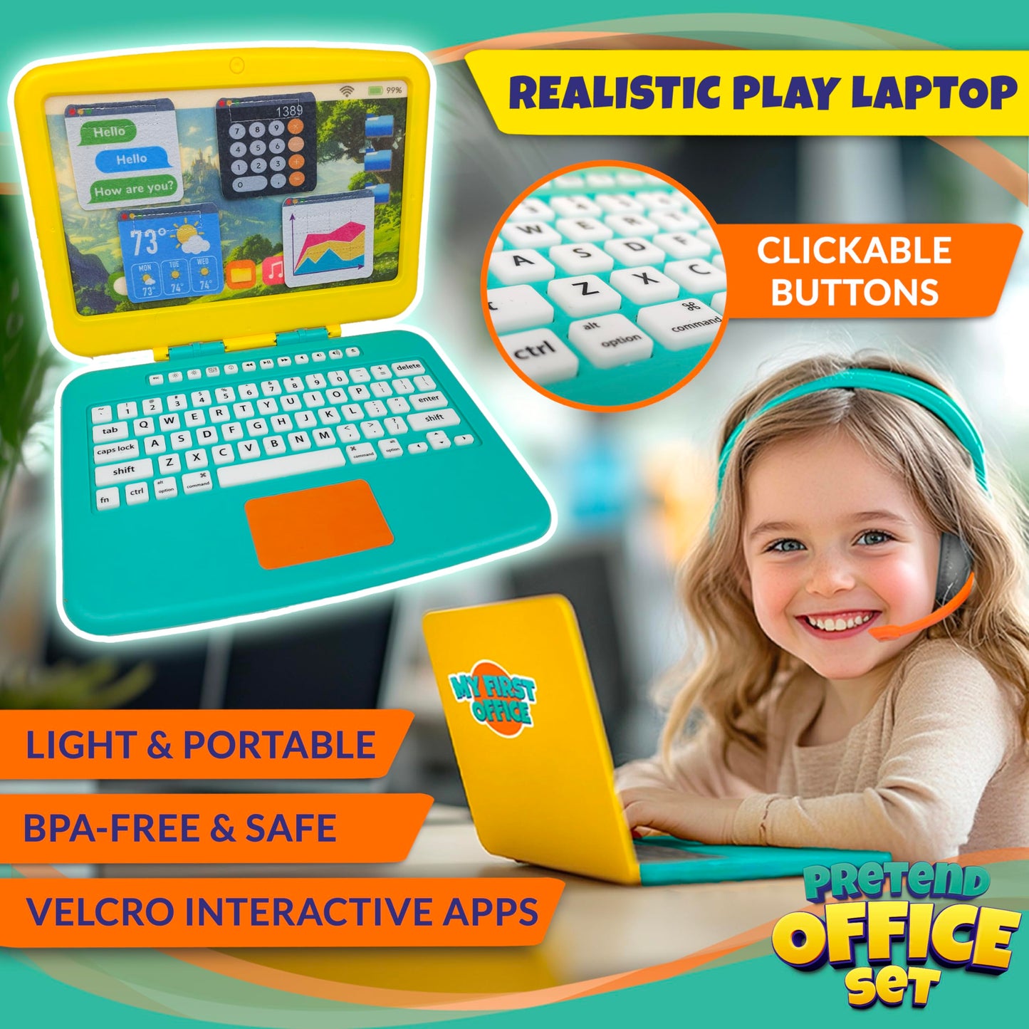 BLOONSY Pretend Play Home Office Set for Kids Ages 3-5-7 | Features Toy Laptop Computer, LCD Writing Tablet, Pop Fidget Calculator, Cell Phone, Headset & Toddlers Beverage Cup