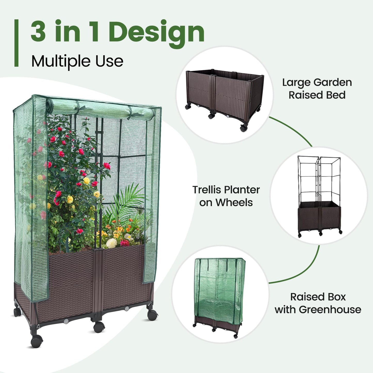 MAYOLIAH 3-in-1 Raised Garden Bed Large Planter Box with Trellis & Cover on Wheels Plastic Tomato Planter with Greenhouse for Deep Rooted & Climbing Plants 31.5x15.7x53-inch Brown