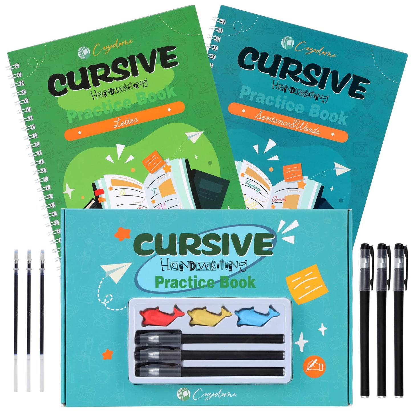 Cozodome Grooved Cursive Handwriting Workbook for Kids-Reusable Magic Practice Book with Disappearing Ink, Cursive calligraphy Kit, Cursive Copybook for Kids Ages 5-12, Handwriting Without Tears Teens