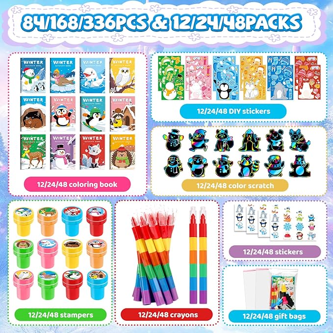 BenLouis Winter Party Favors Set Holiday Themed Coloring Book Classroom Gift Prizes Bulk for Students Kids Christmas Frozen Birthday Goodie Bag Stuffers Pinata Filler (48Set Animals)