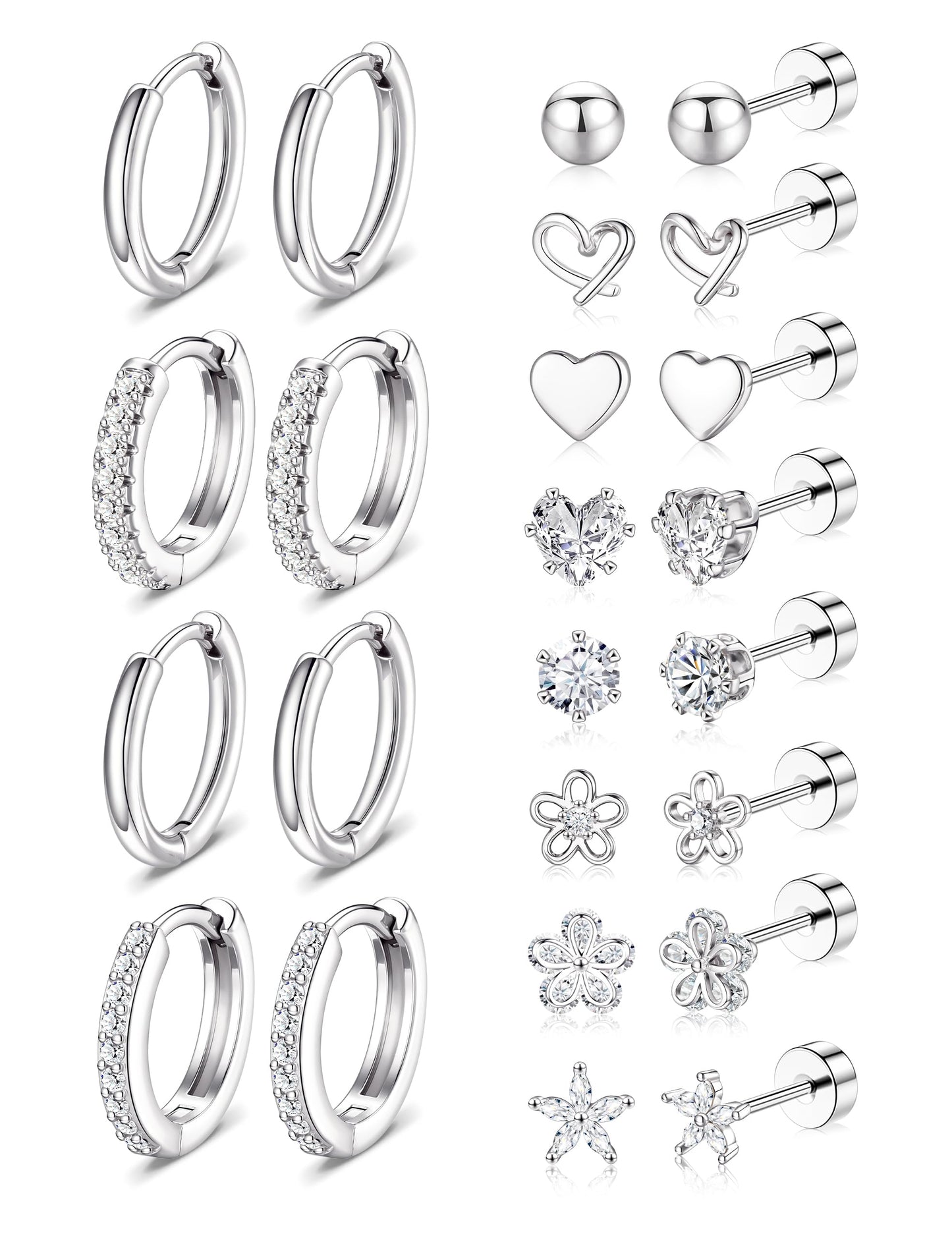 Ritach Hypoallergenic Surgical Steel Hoop Earrings, 14K Gold Plated Stainless Steel Studs for Sensitive Ears, Flat Back Cartilage Set (14K Silver Plated)