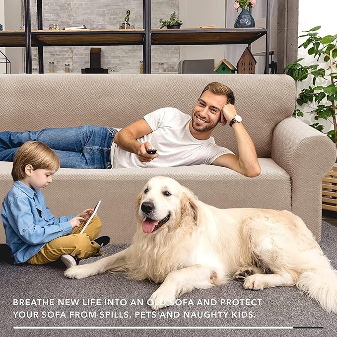 XINEAGE 2026 New 1 Piece Couch Covers for 2 Cushion (55"-69") Stretch Loveseat Sofa Cover Slipcover Jacquard Universal Furniture Protector with Elastic Bottom for Kids,Dog (Loveseat, Khaki)