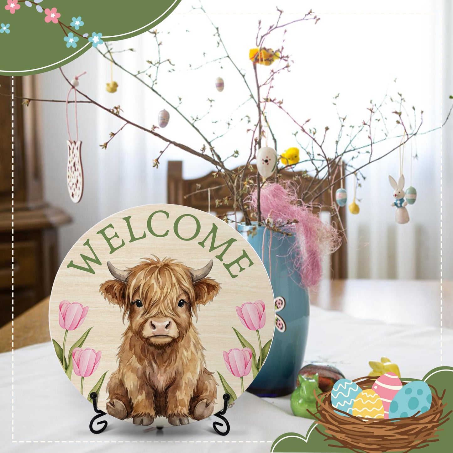 PATCATE Spring Tulip Table Decor for Home Office, 8-In Highland Cow Welcome Signs for Rustic Farmhouse Room Decor, Western Easter Gifts for Women