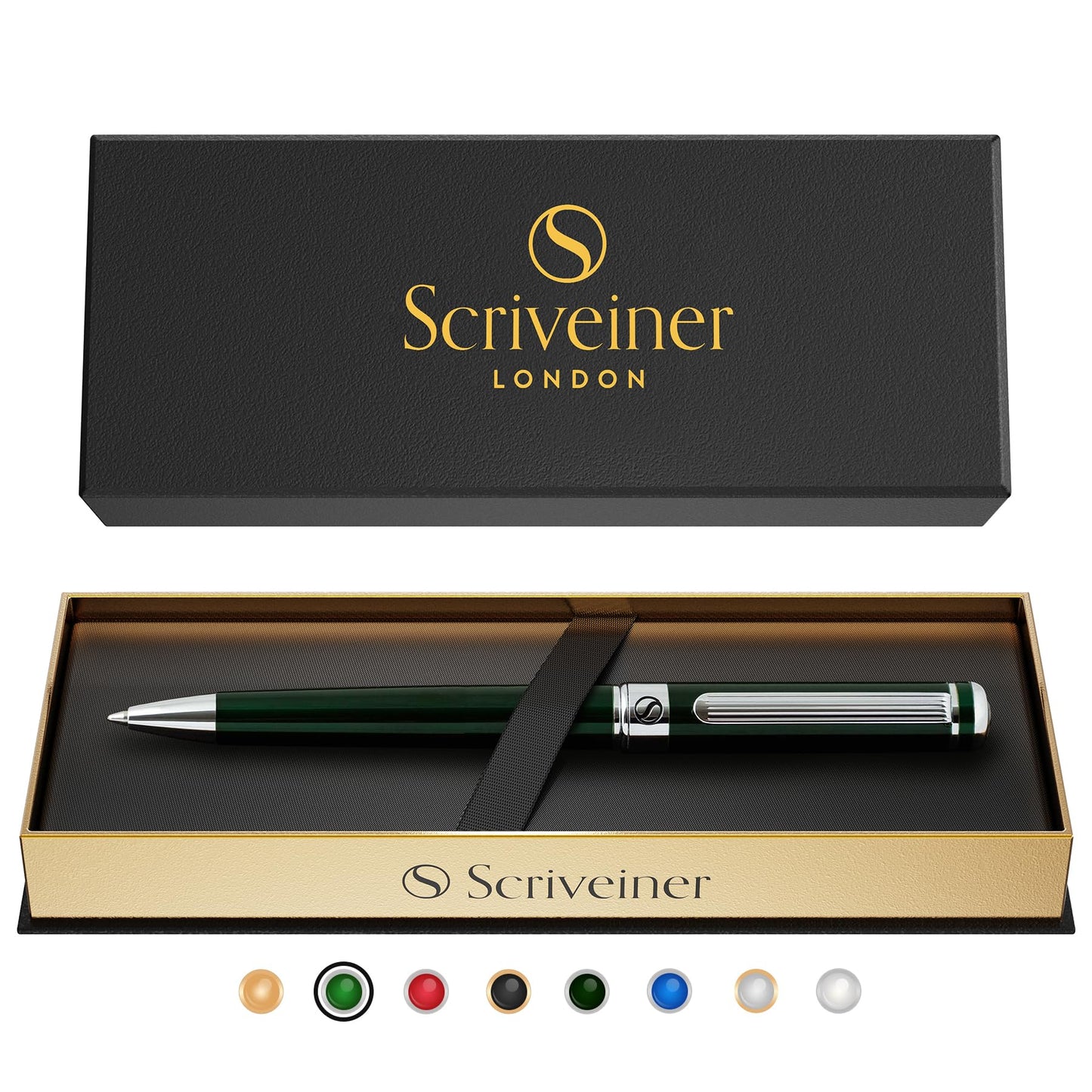 Scriveiner Green Ballpoint Pen - Stunning British Racing Green Luxury Pen, Chrome Finish, Schmidt Black Refill, Best Ball Pen Gift Set for Men & Women, Professional Executive Office, Nice Designer Pen