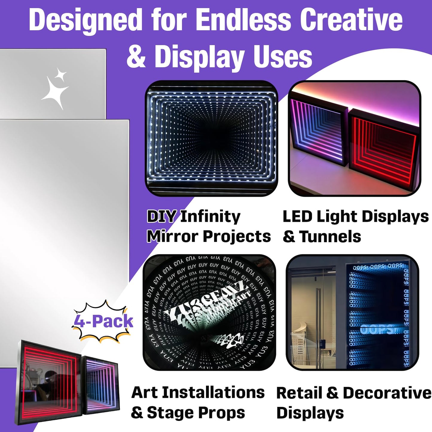 4 Pcs 12 x 12 Inch Acrylic Two Way Mirror Sheets, 30% Transparent See Through Panels for Infinity Mirror Effect, DIY Art and Creative Light Projects